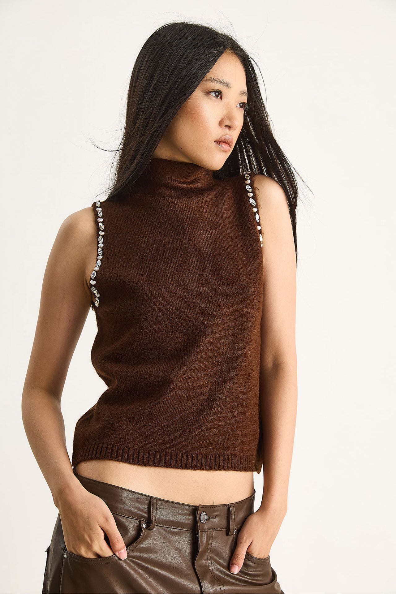 LUCCI Turtleneck Blouse with Pearl Detail