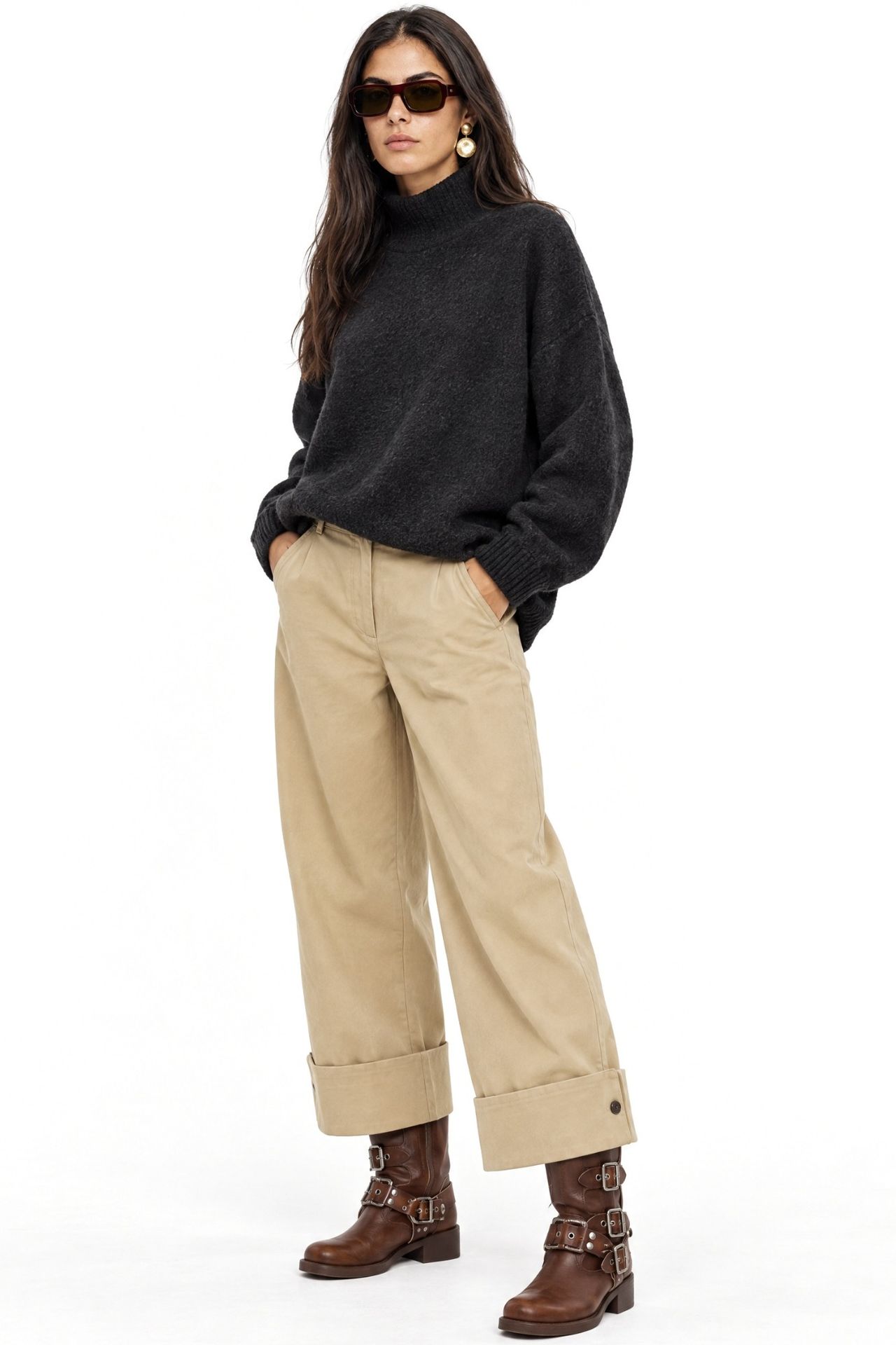 MIXRAY Oversized Ribbed Turtleneck Sweater 3
