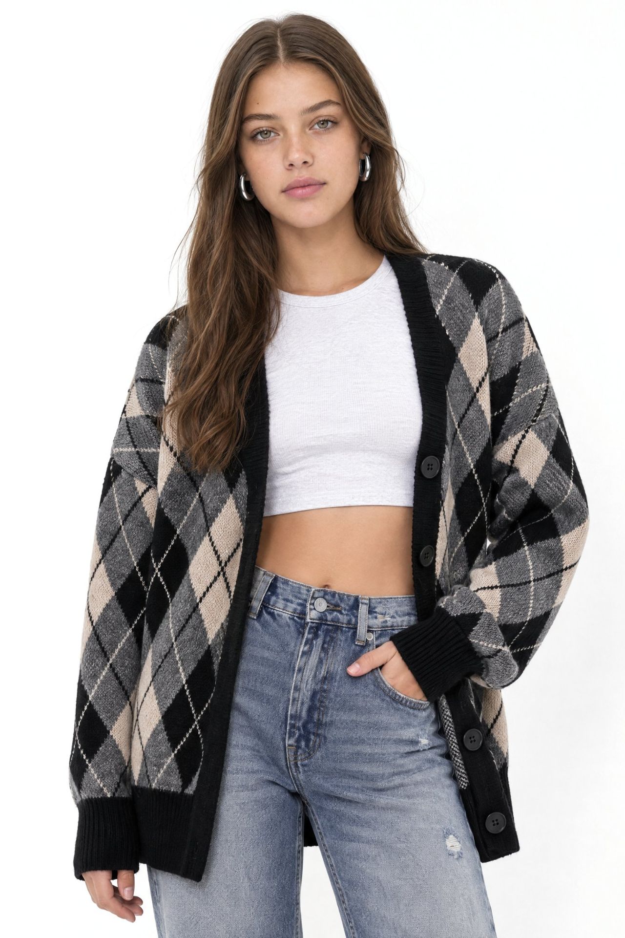 Mixray Oversize Argyle V-Neck Buttoned Cardigan 1