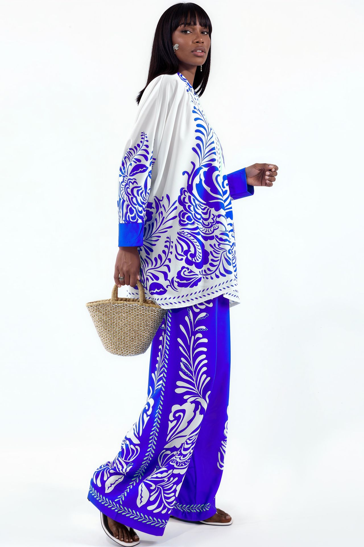 MSN Patterned V-Neck Blouse And Wide-Leg Trousers Set
