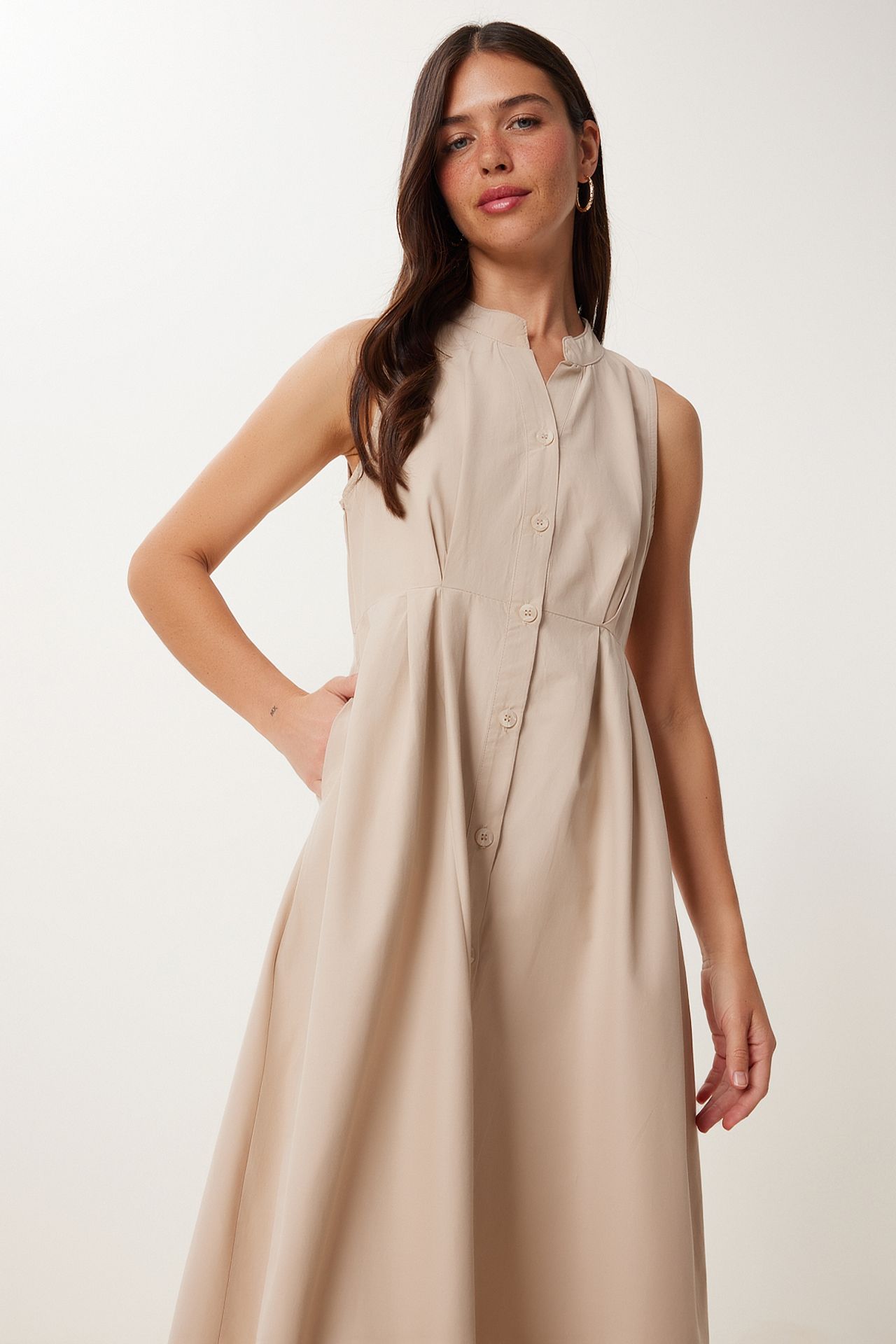 ISTANBUL Mandarin Collar Sleeveless A-Line Midi Dress 3