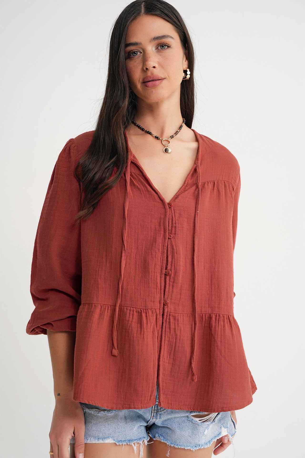 Mixray Long Sleeve Relaxed Fit Blouse with Tie-Neck 4