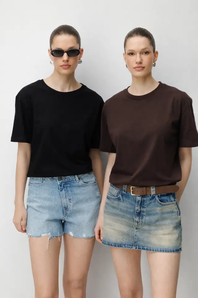 MIXRAY Oversized Ribbed Crew Neck Two-Piece T-Shirt Set