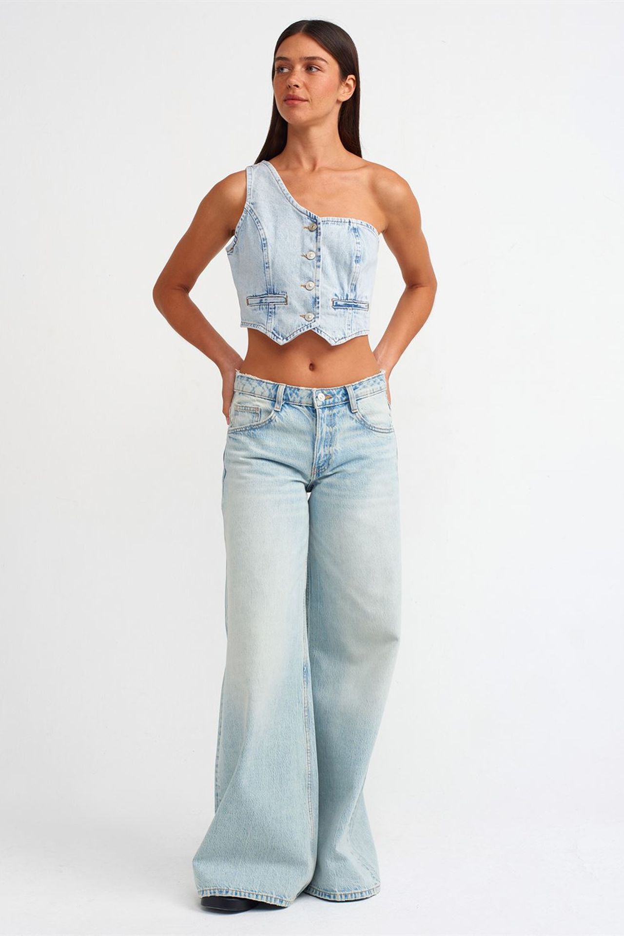 DILVIN Dar Kesim Pamuklu Denim Crop Bluz 3