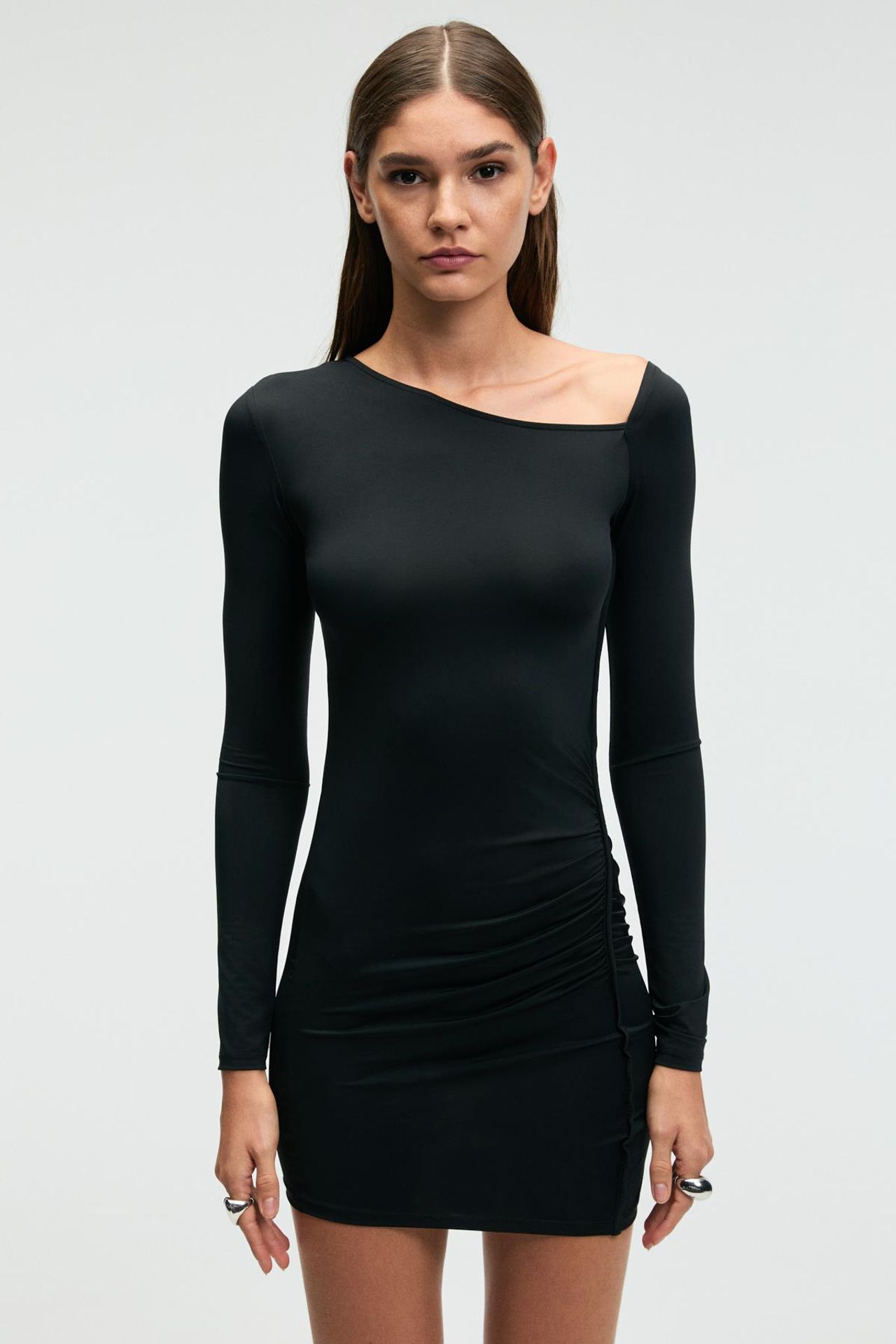 GRIMELANGE Asymmetrical Collar Bodycon Mini Dress 2