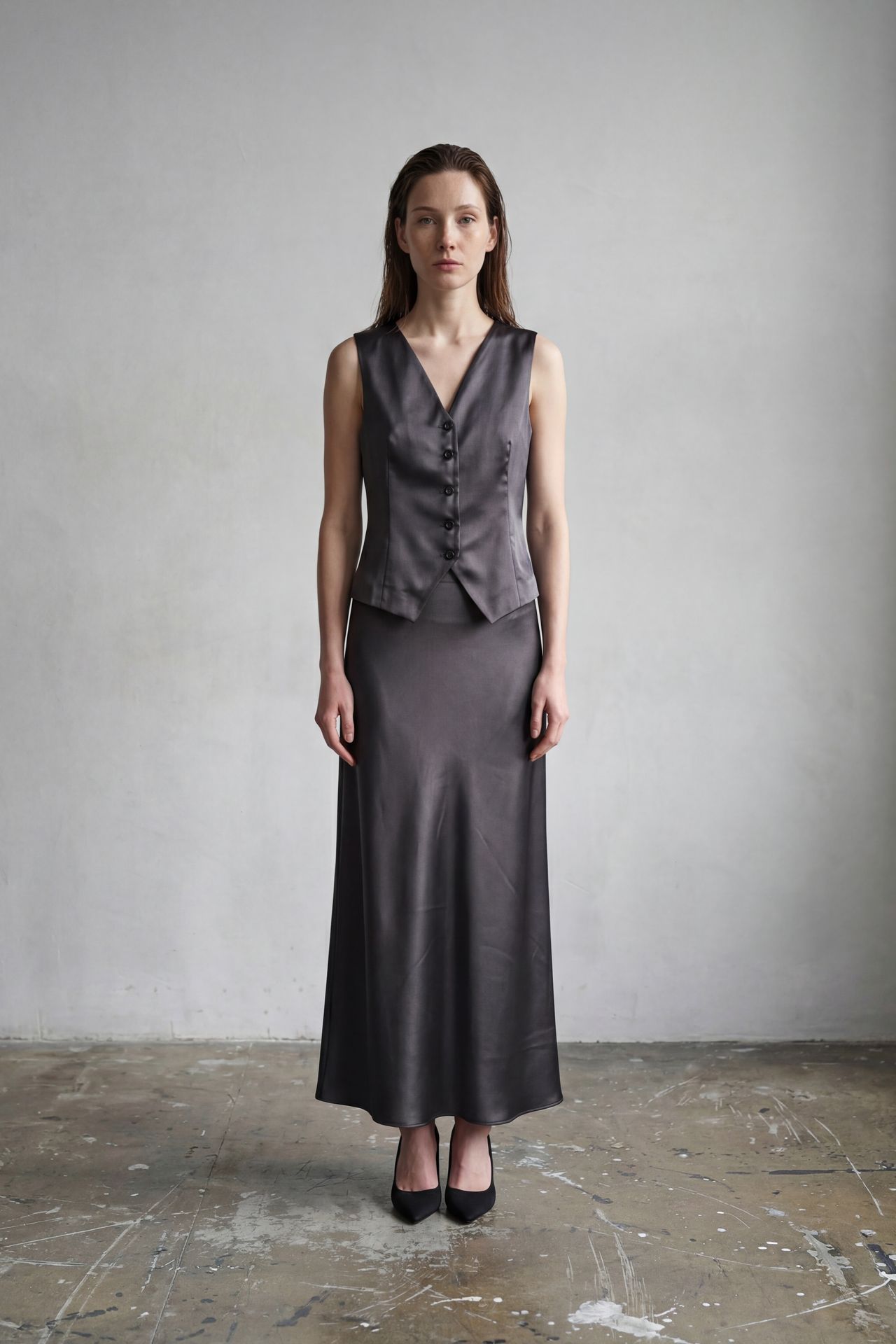 MY FASHION V-Neck Vest & Maxi Skirt Satin Two-Piece Set 3