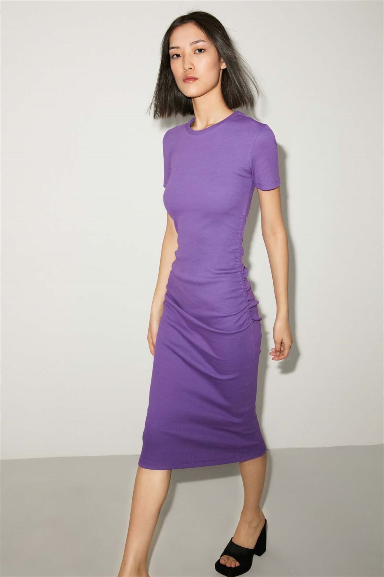 GRIMELANGE Crew Neck Shirred Midi Bodycon Dress 1