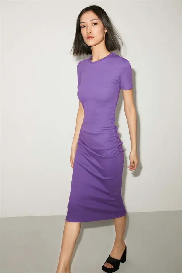 GRIMELANGE Crew Neck Shirred Midi Bodycon Dress