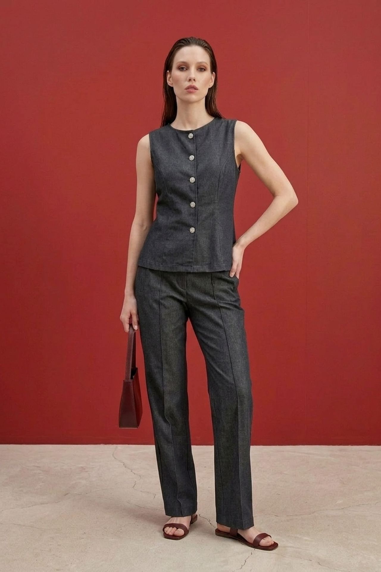 MY FASHION Cotton Poplin Vest and Wide-Leg Trouser Set 2