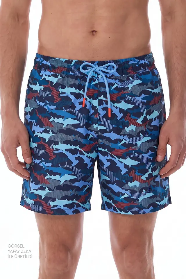PENTI Men's Striped Fish Pattern Swim Shorts