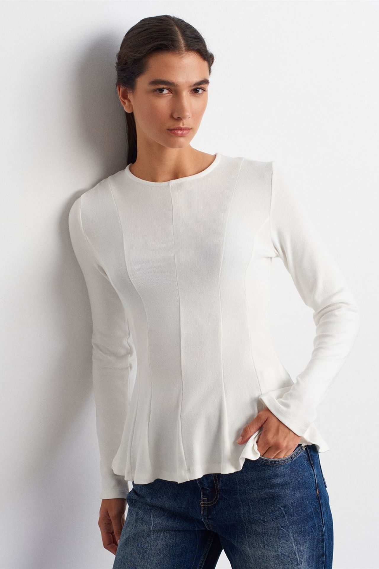 DILVIN Dar Kesim Dokulu Örme Peplum Bluz 1
