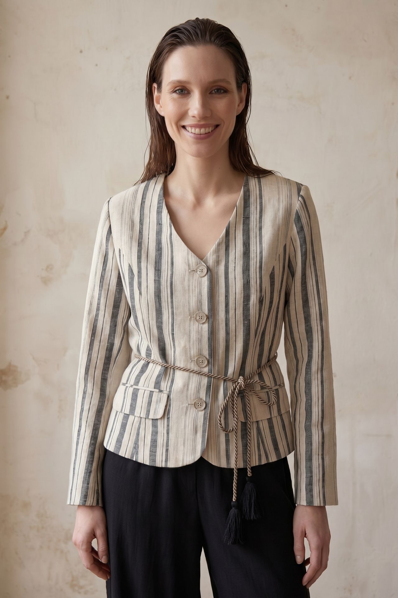 MY FASHION Striped belted poplin jacket 2