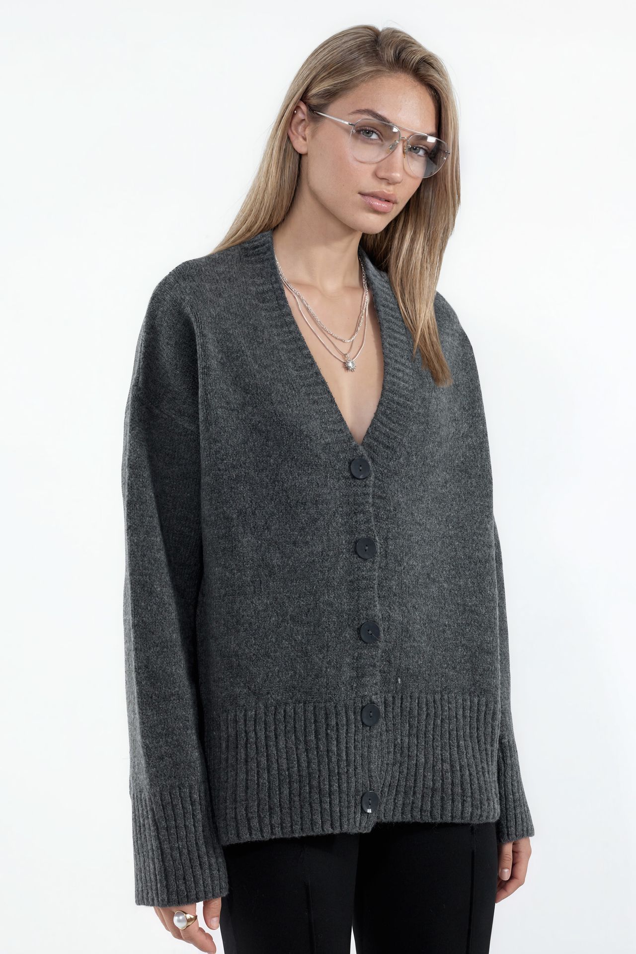 VIORNA Ribbed V-Neck Button Cardigan