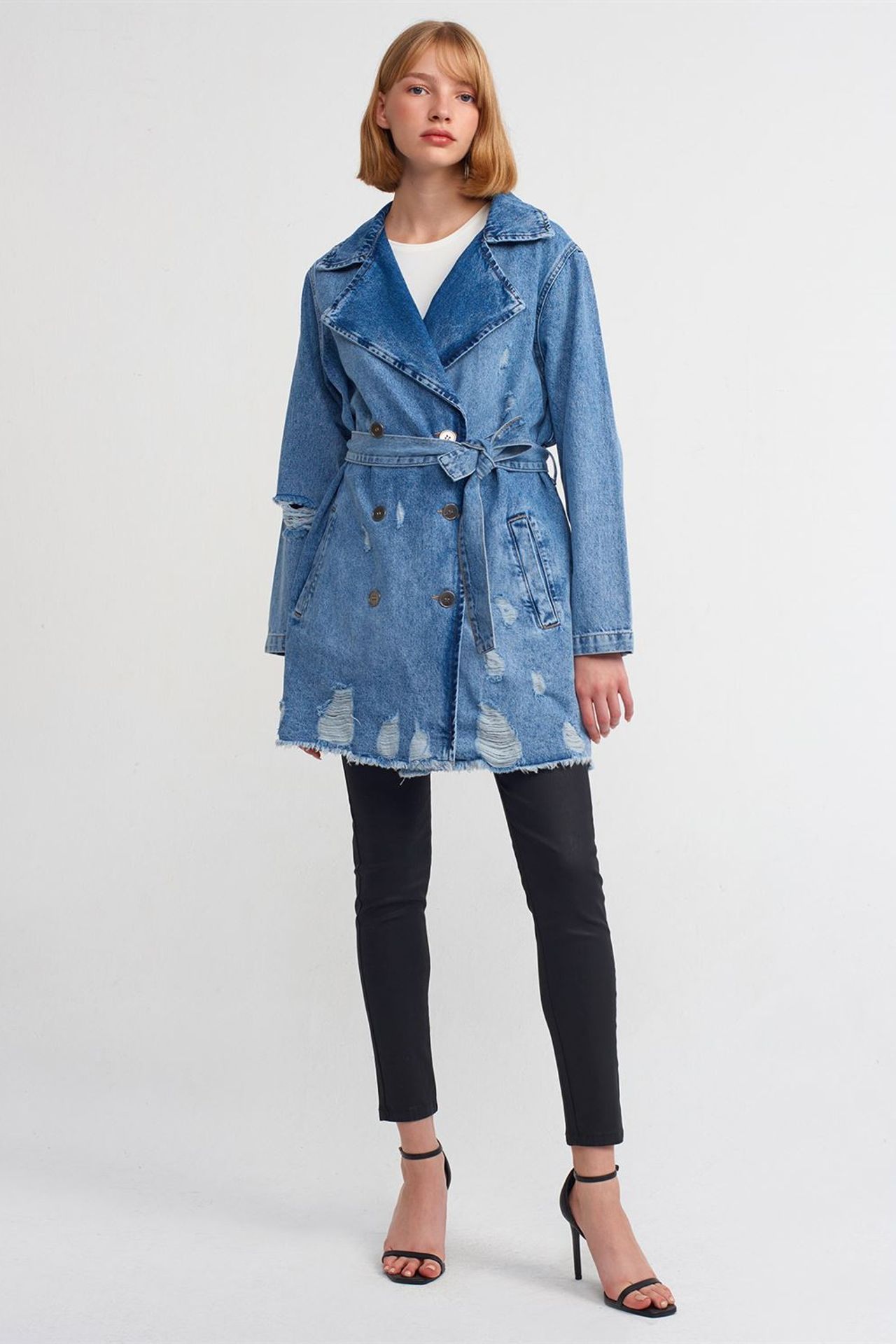 DILVIN Long Cotton Denim Trench Coat 3