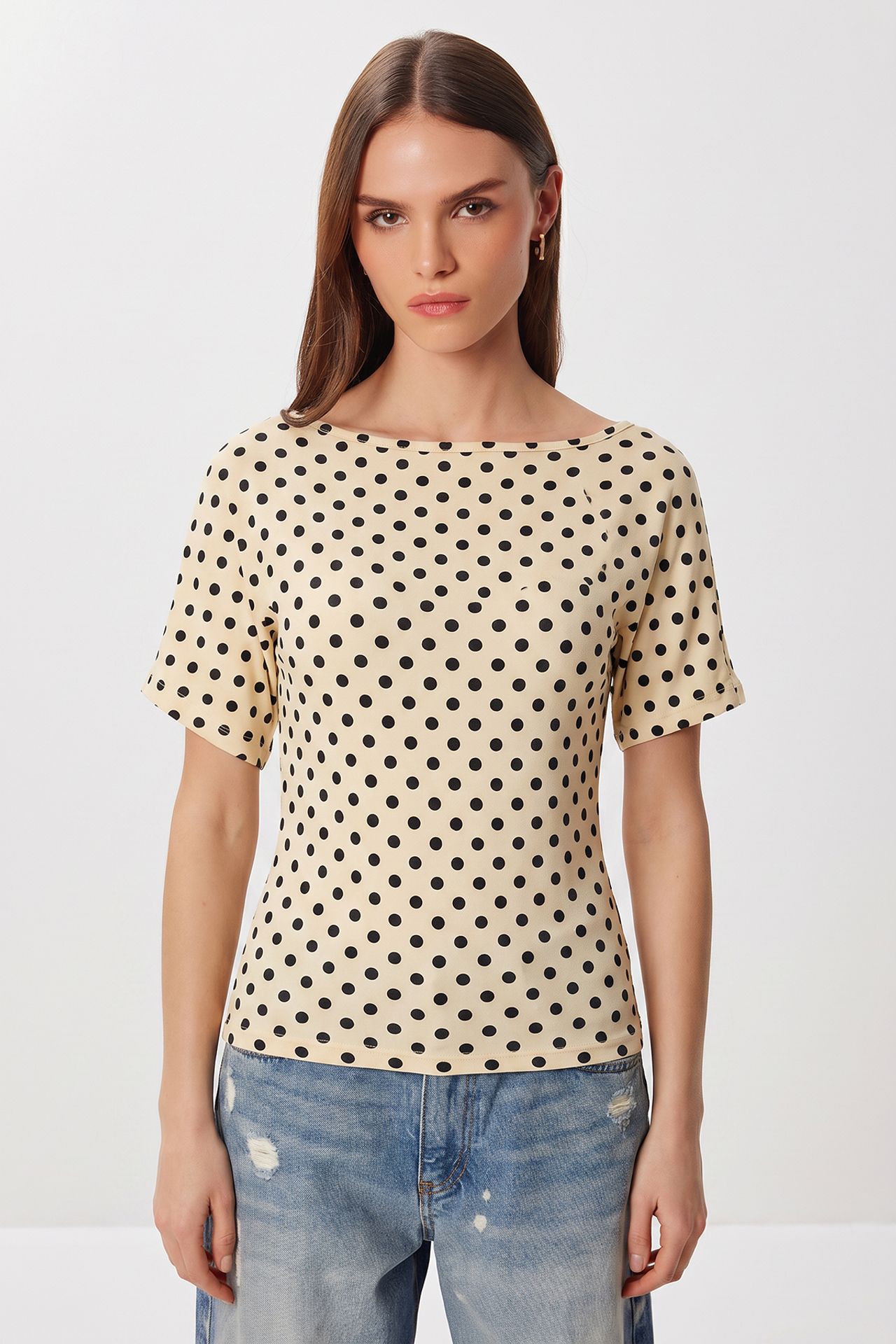 ISTANBUL Cotton Polka Dot Boat Neck Blouse 2