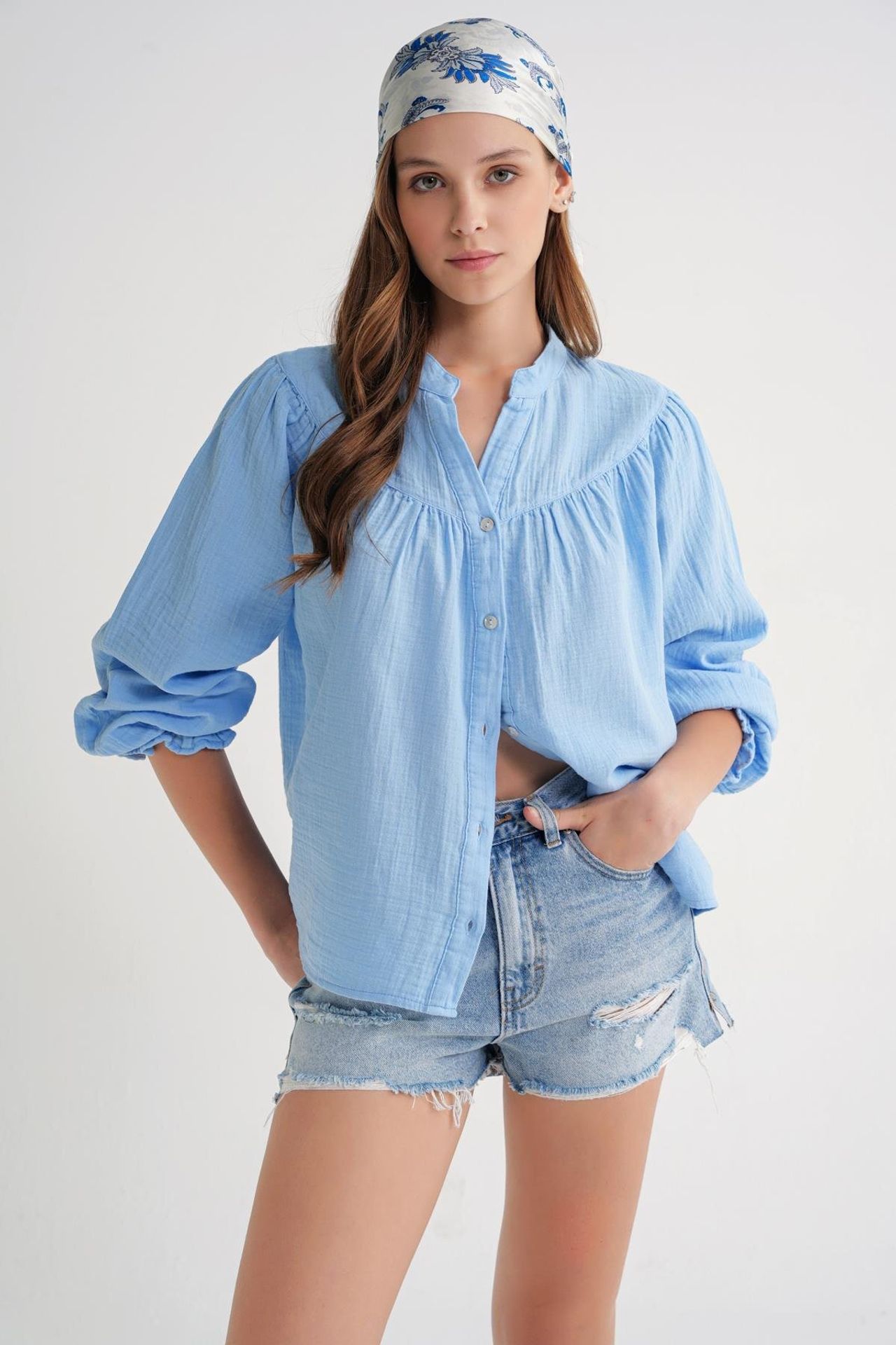 Mixray Cotton Mandarin Collar Button Shirt 3