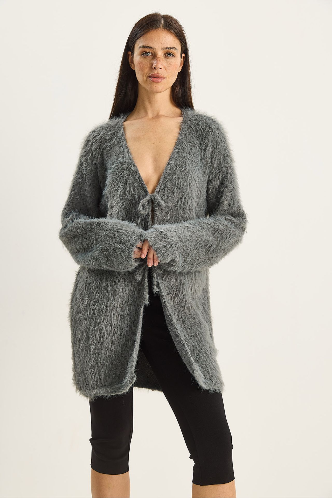 LUCCI Textured V-Neck Midi Cardigan with Tie Closure 3