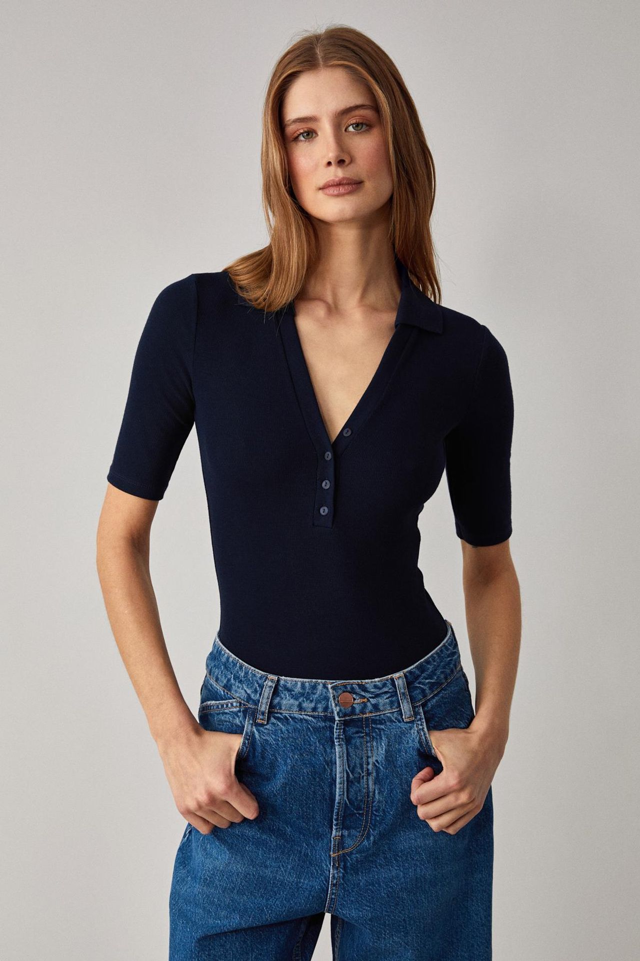 GRIMELANGE Slim Fit Ribbed Polo Blouse 1