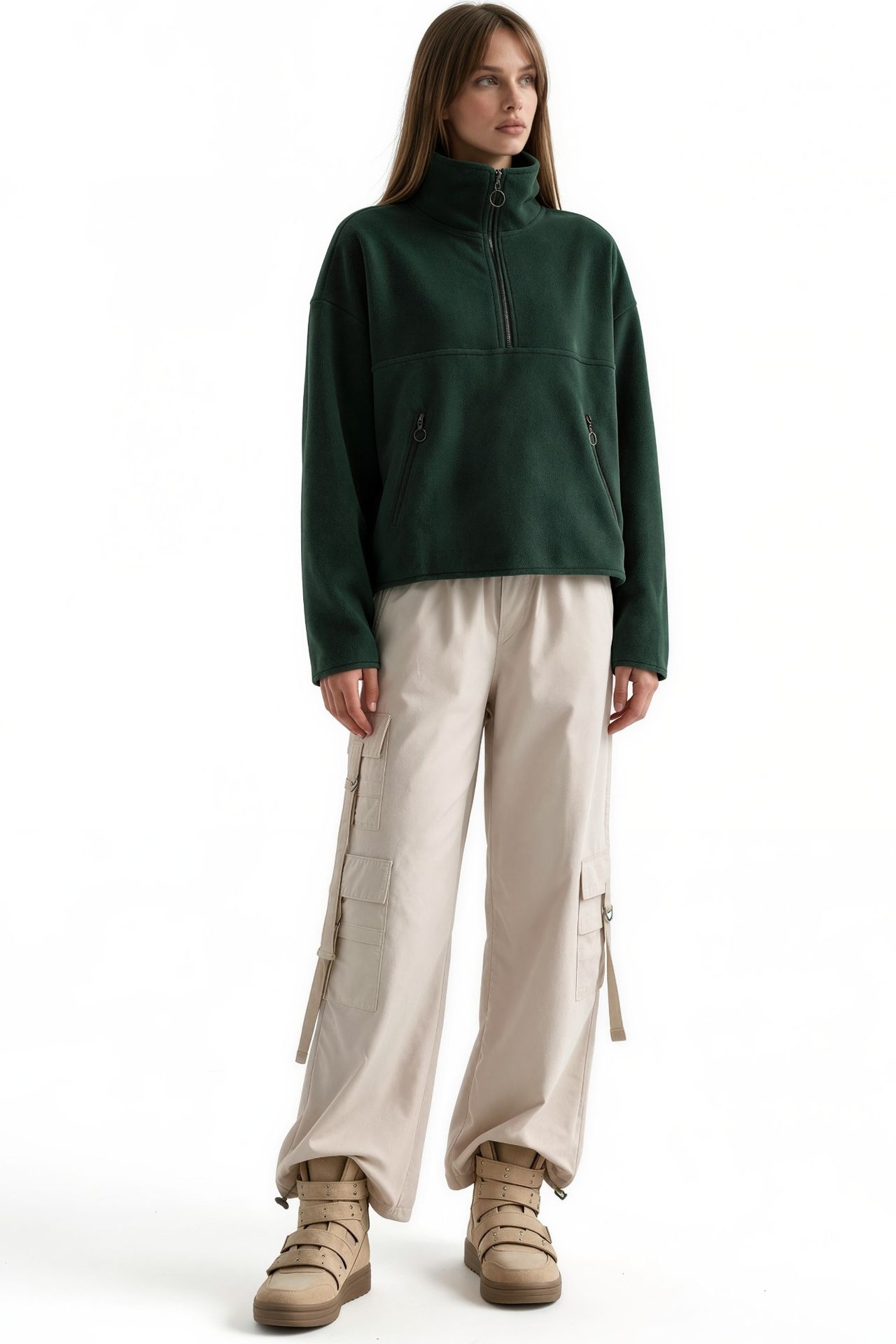 BUSEM Kadın Yarım Fermuarlı Kısa Sweatshirt 2