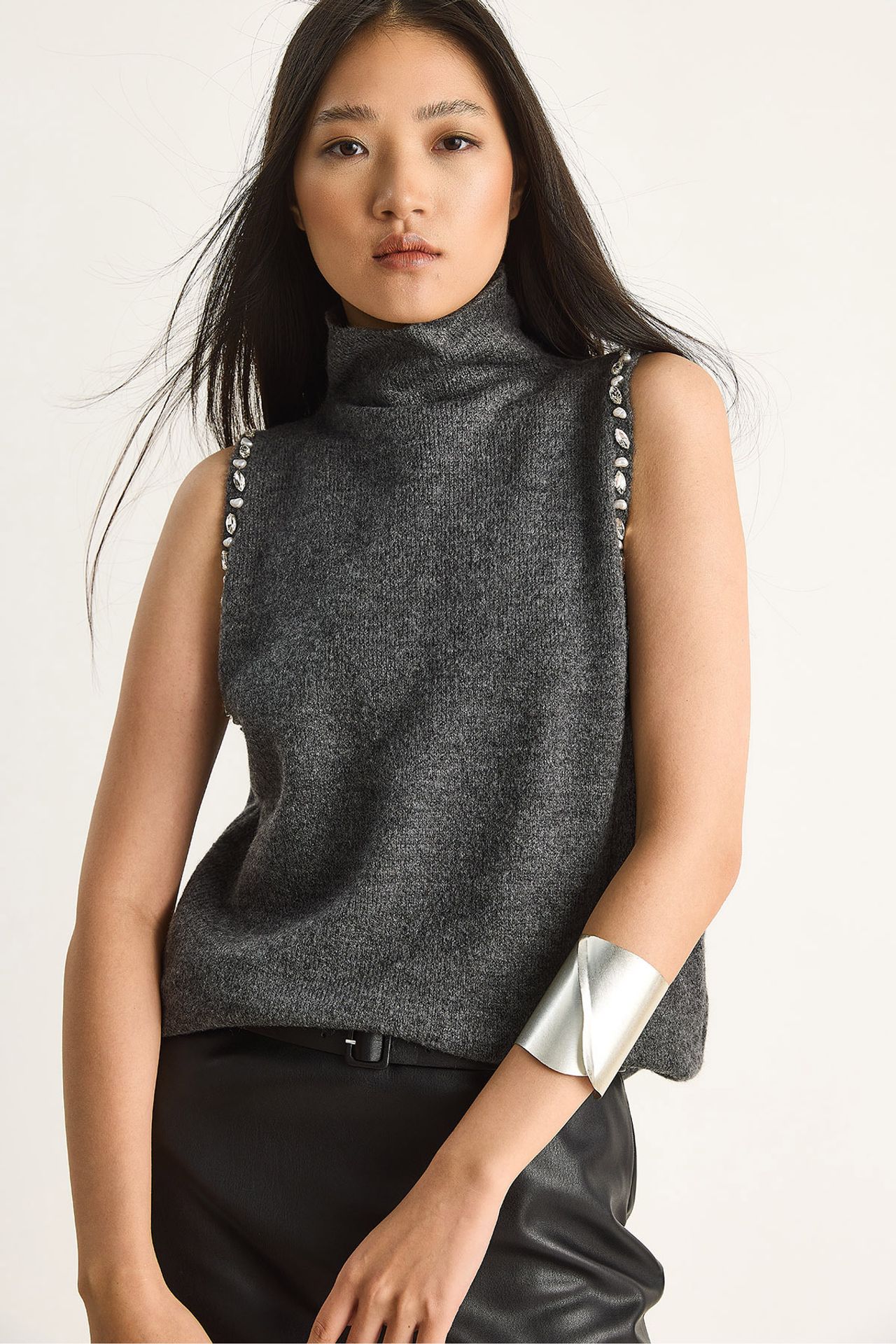 LUCCI Turtleneck Blouse with Pearl Detail