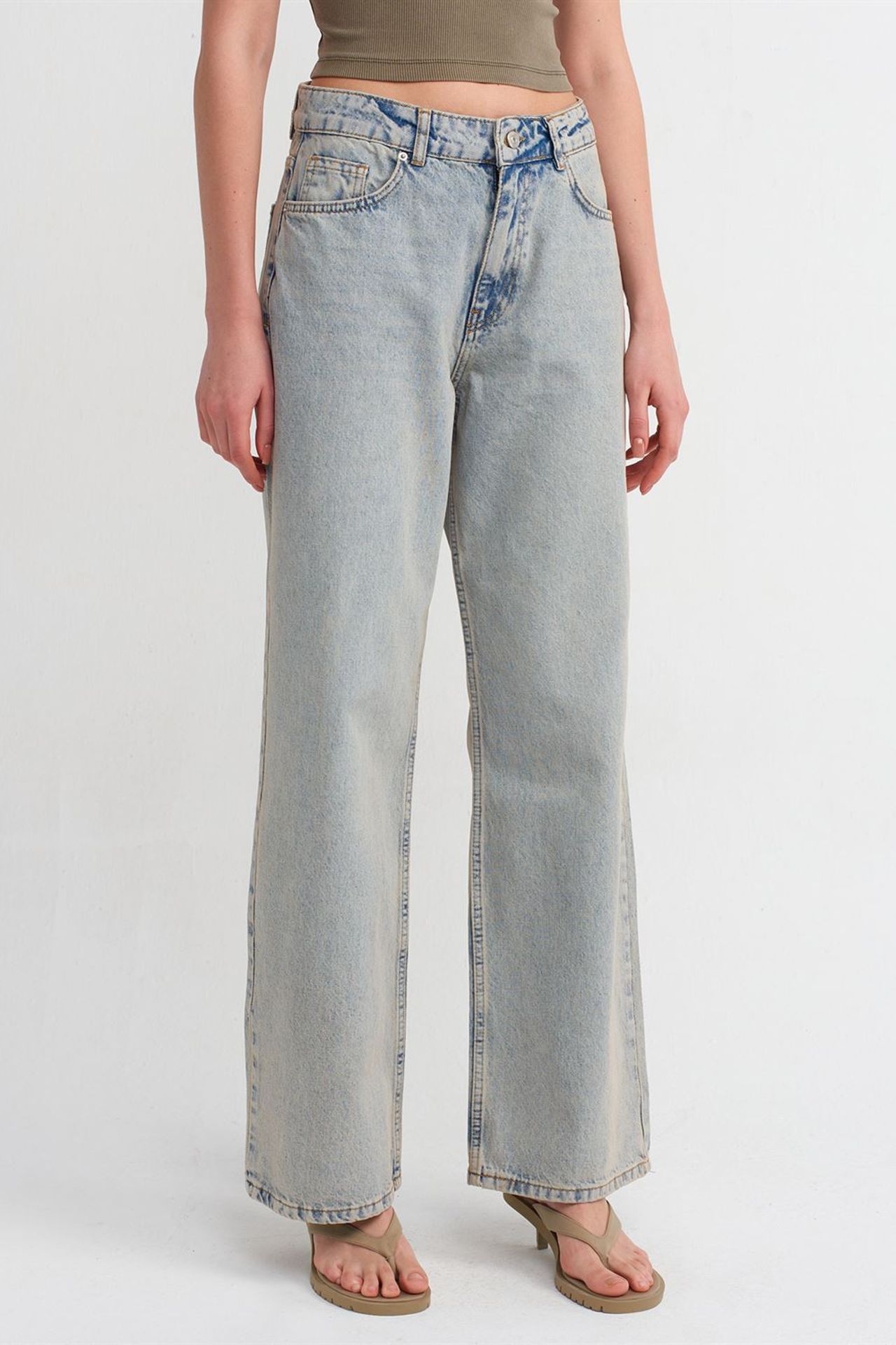 DILVIN Orta Bel Geniş Paça Pamuklu Denim Jean 3