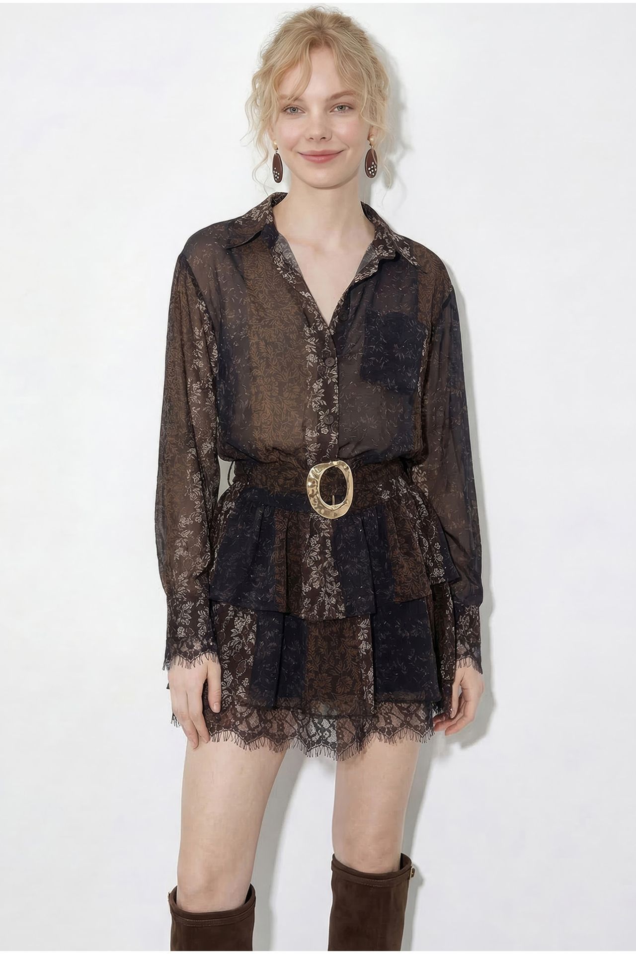 LUCCI Patterned Tulle Dress with Lace Detail, Belt and Ruffles 4