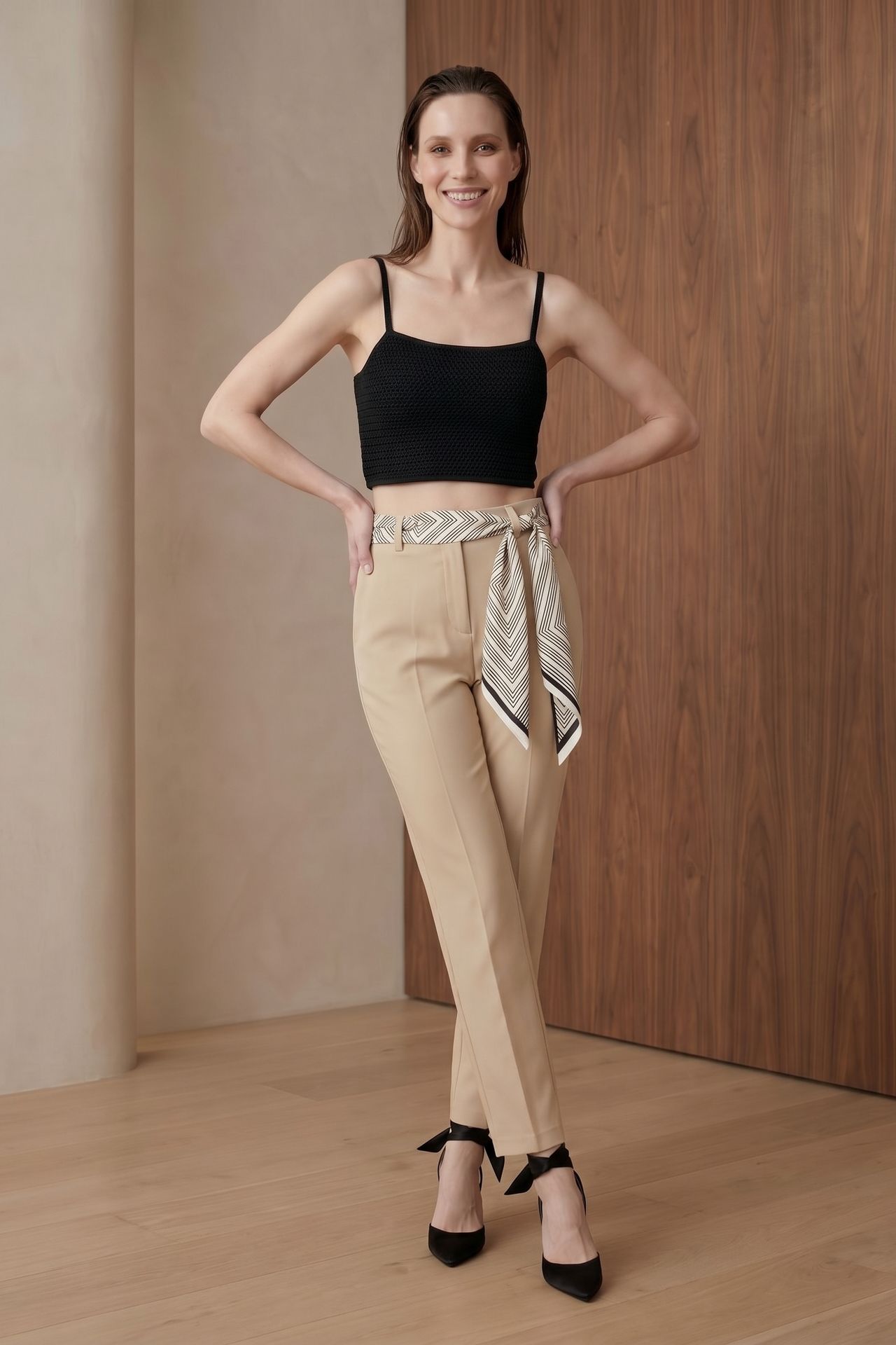 MY FASHION High-Waist Straight-Leg Crepe Trousers with Belt 3