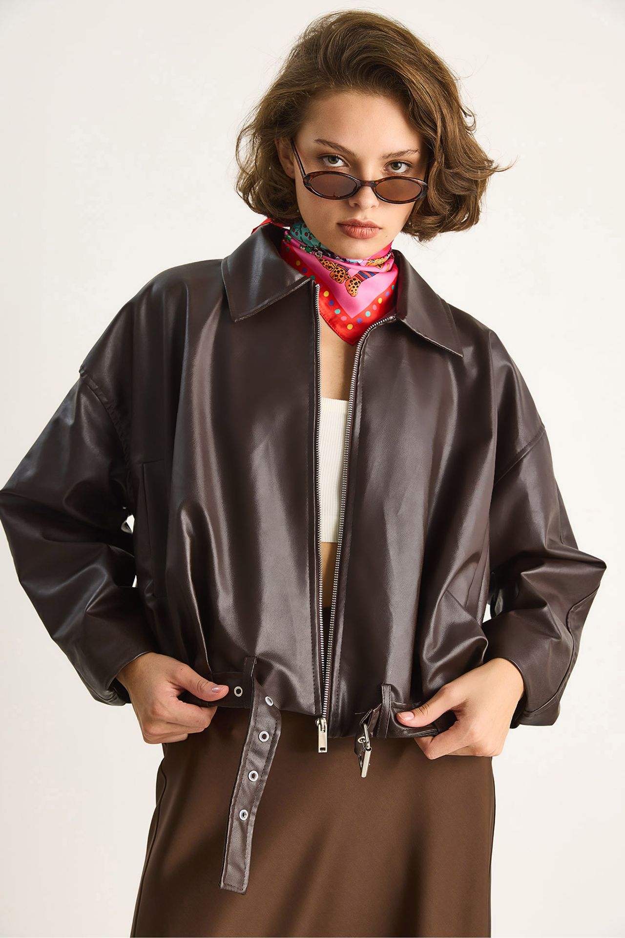 LUCCI Faux Leather Bomber Jacket with Zipper Closure 4