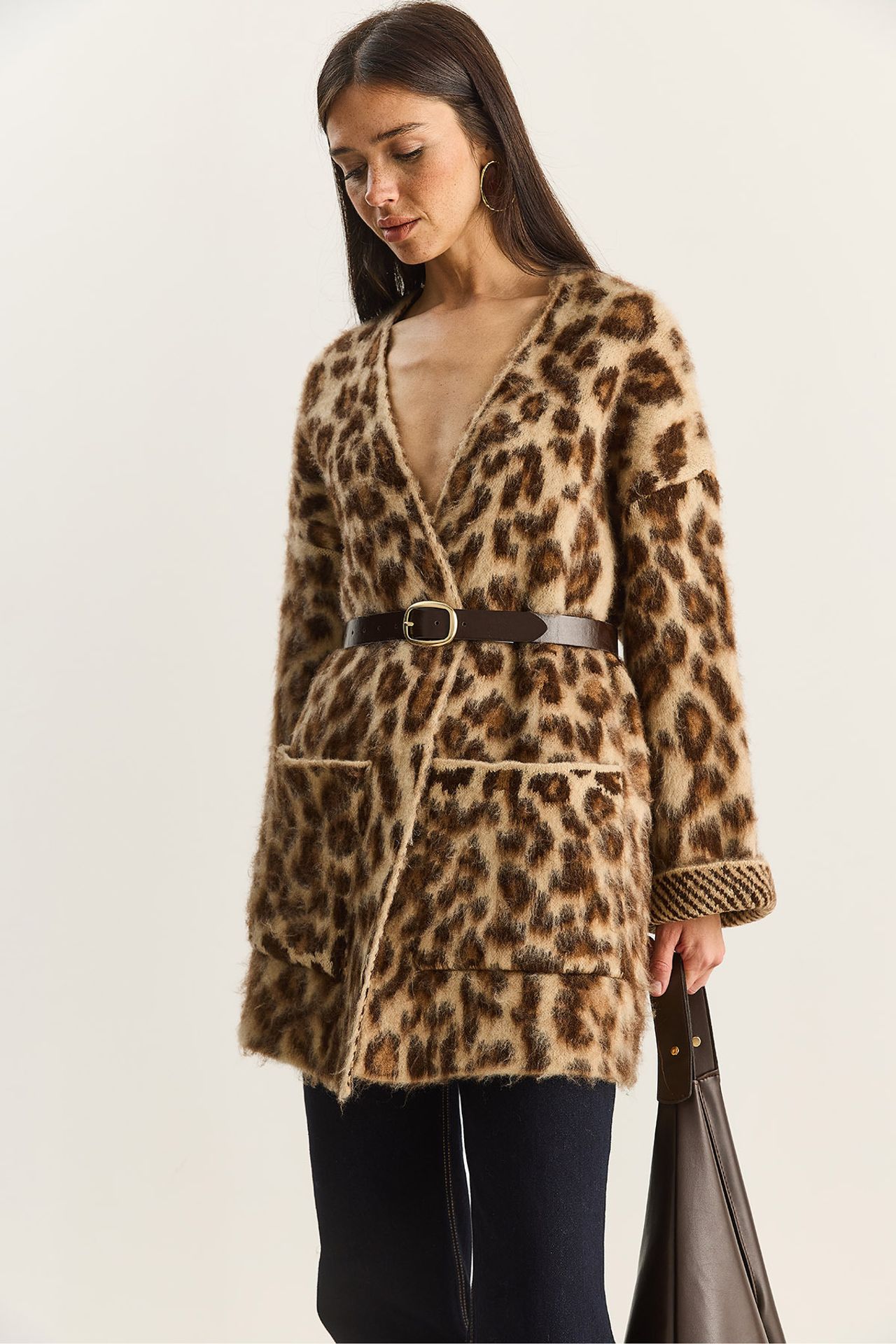 LUCCI Oversized Long Cardigan with Leopard Print and Pockets 5