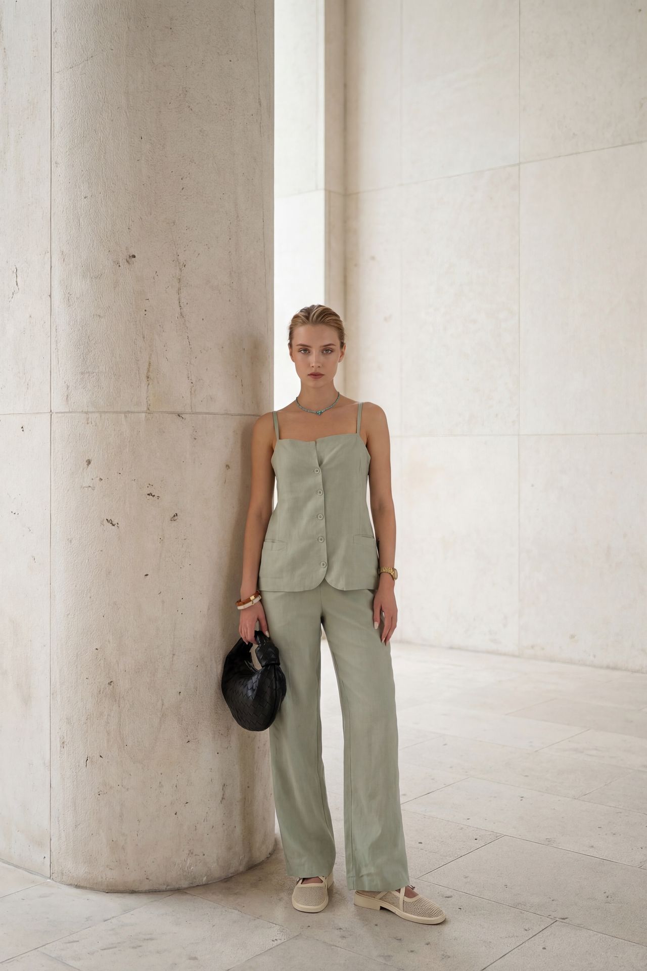 MY FASHION V-Neck Buttoned Vest with Pockets & Straight Leg Pants Two-Piece Set 5
