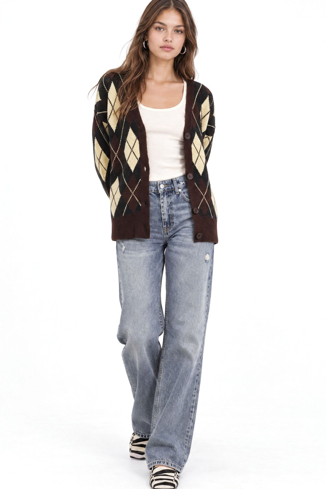 Mixray Oversize Argyle V-Neck Buttoned Cardigan 1