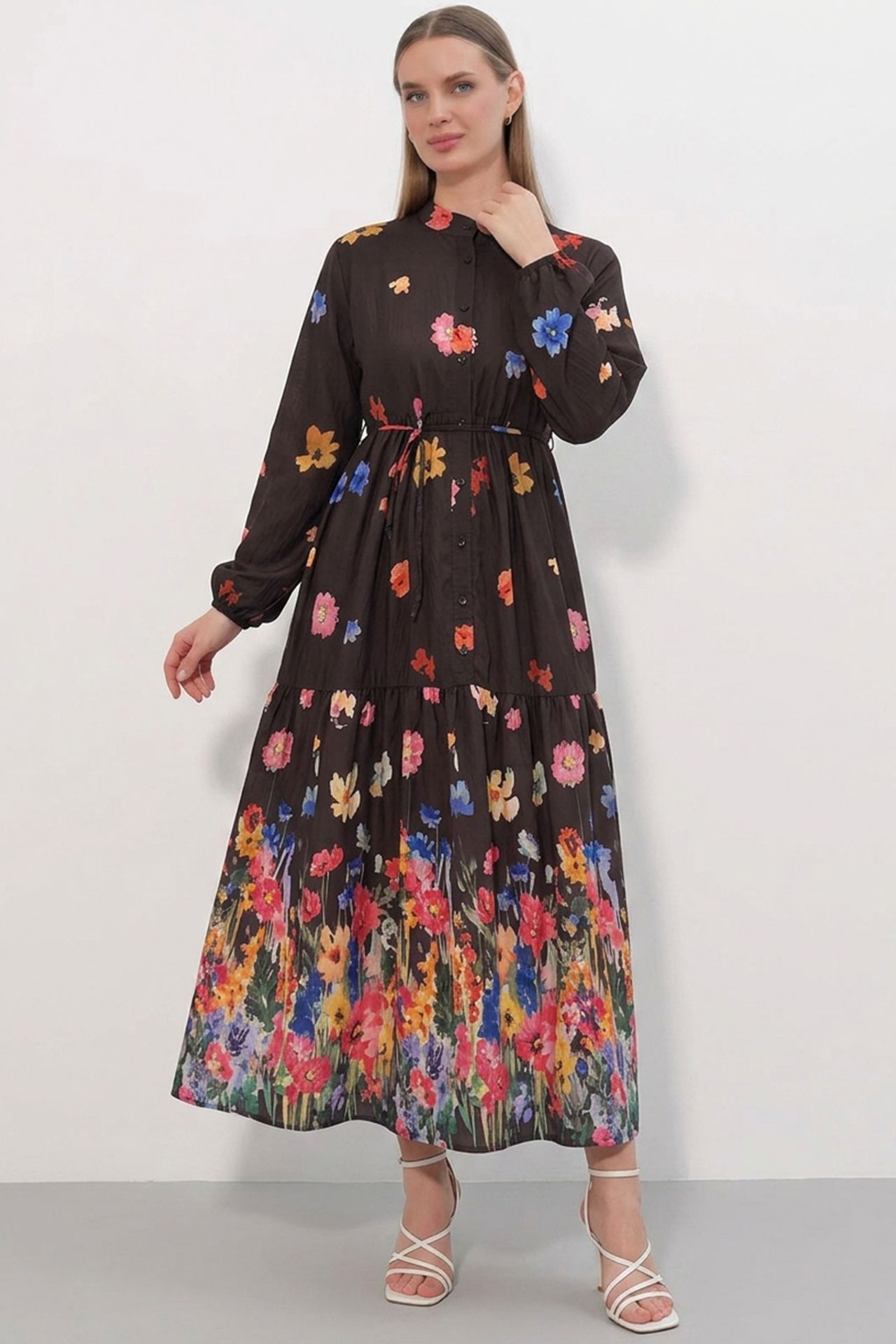 BDART Buttoned Crew Neck Maxi Dress with Waistband