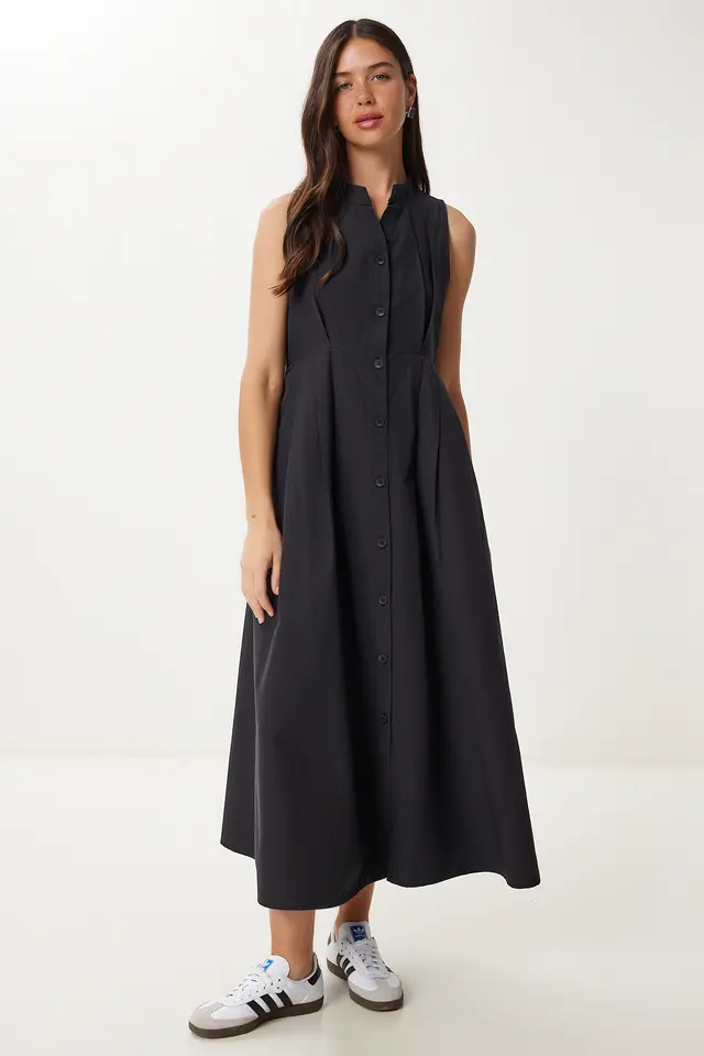 ISTANBUL Mandarin Collar Sleeveless A-Line Midi Dress