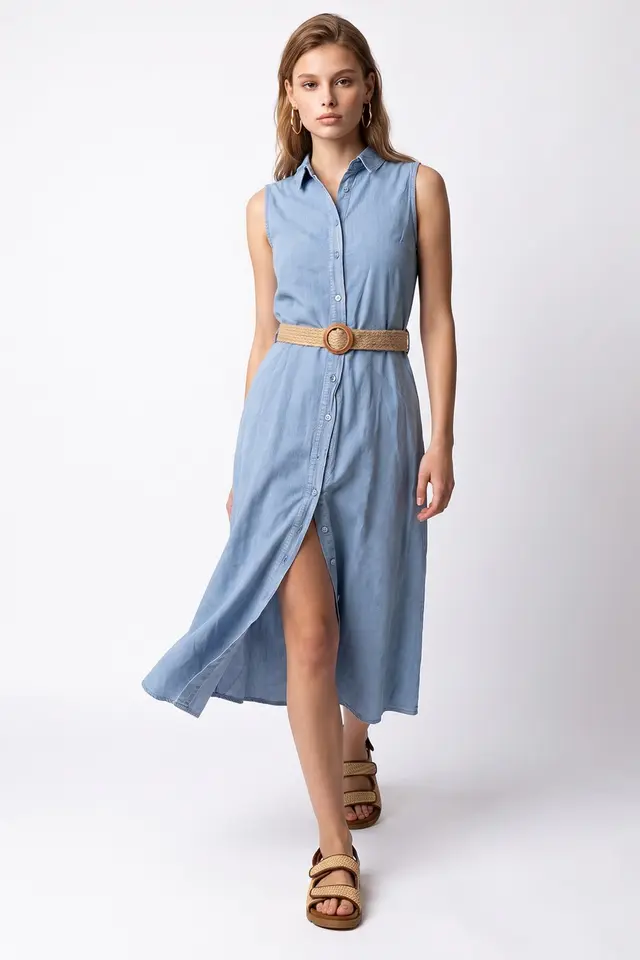 MIXRAY Belted Cotton Poplin Midi Shirt Dress