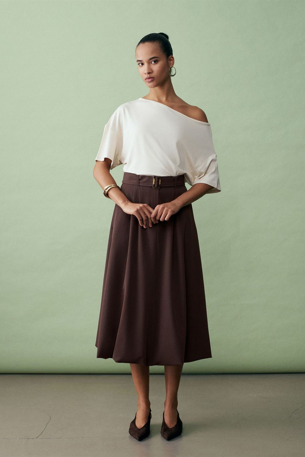 DILVIN High-waist Belted Midi Balloon Skirt 1