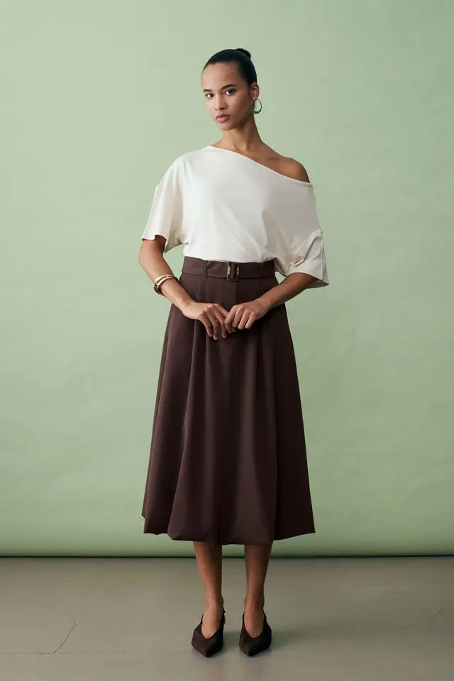 DILVIN High-waist Belted Midi Balloon Skirt