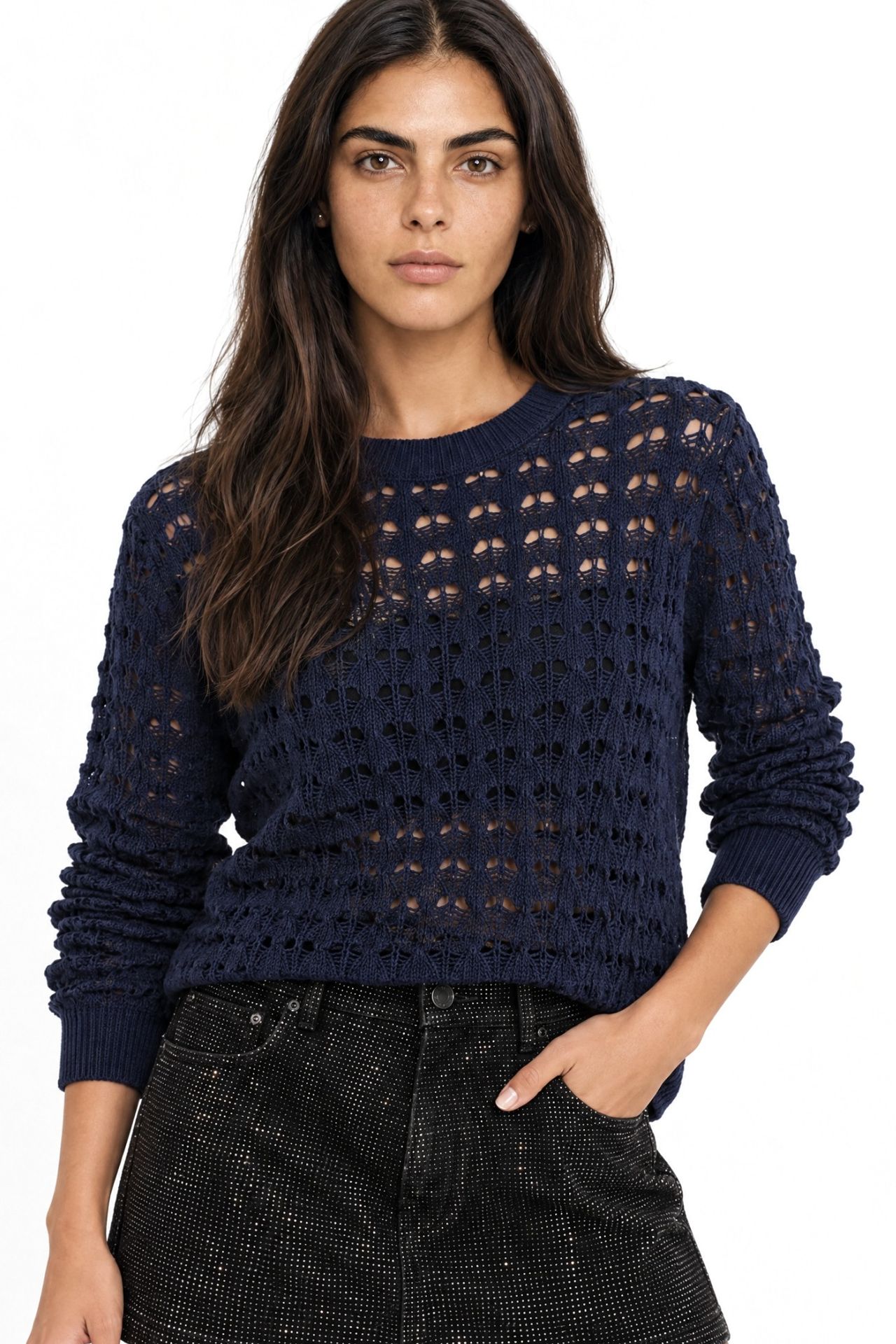 Mixray Openwork Boat Neck Crop Knit Top 1