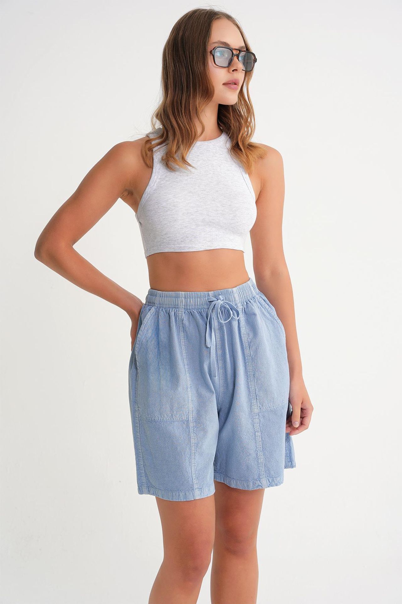 Mixray High Waist Cotton Drawstring Mini Shorts 3