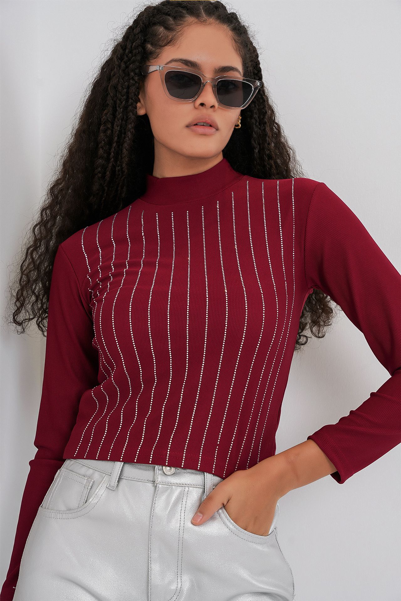 BDART Striped Half Turtleneck Long Sleeve Top with Stone Detail 4