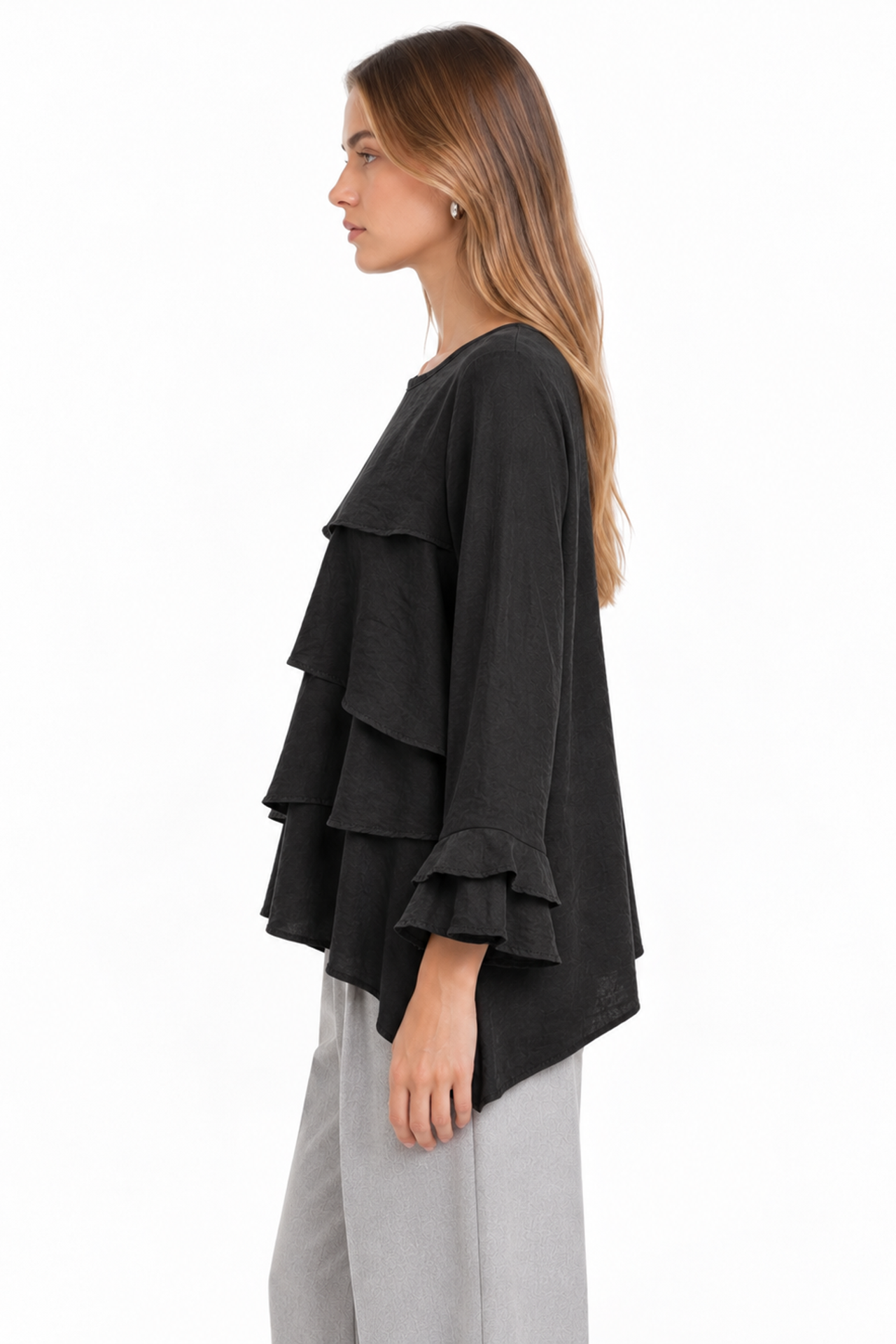 MIXRAY Frilly Long Sleeve Crew Neck Blouse 2