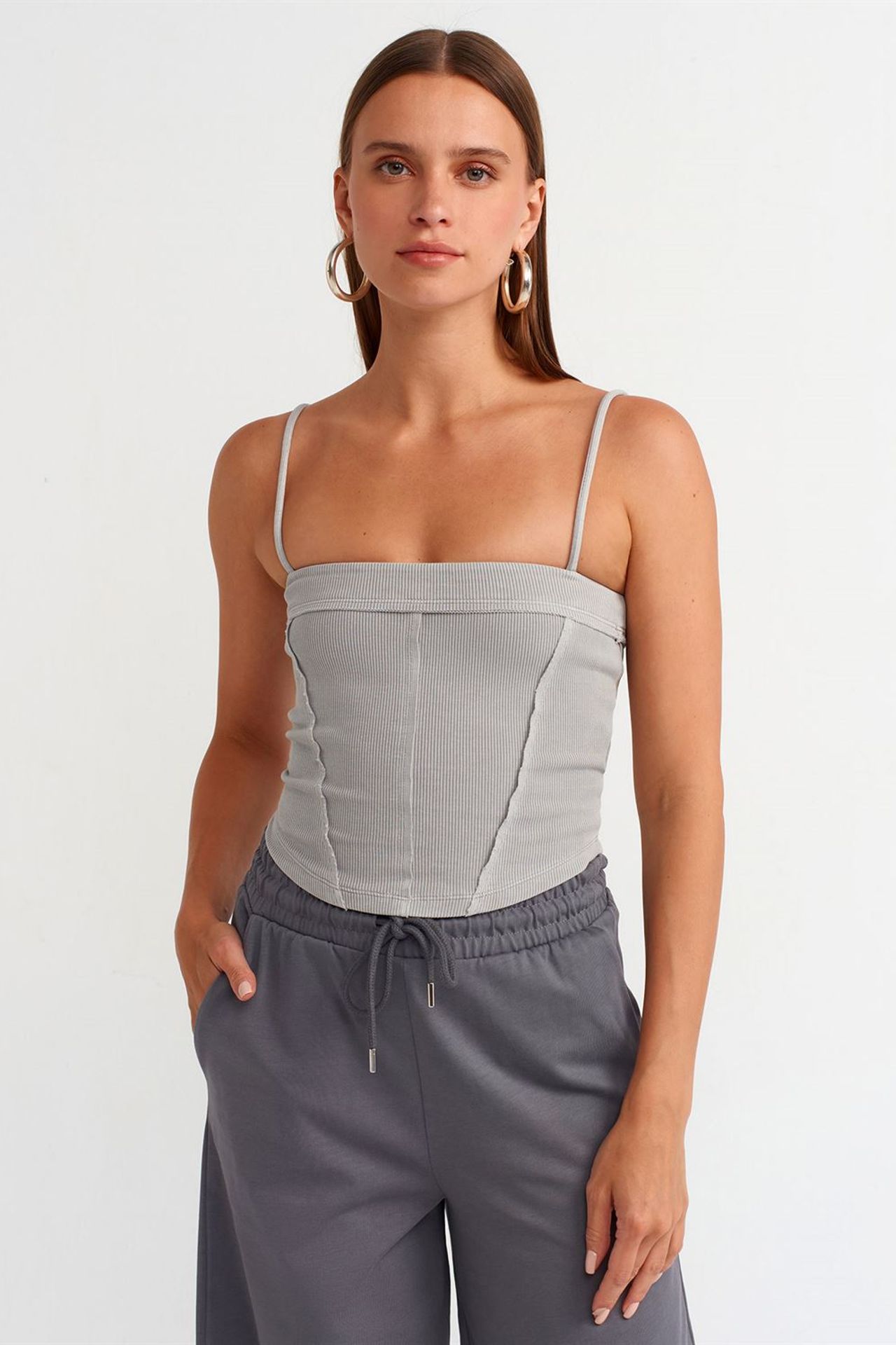 DILVIN Kare Yaka Fitilli Crop Bluz 1