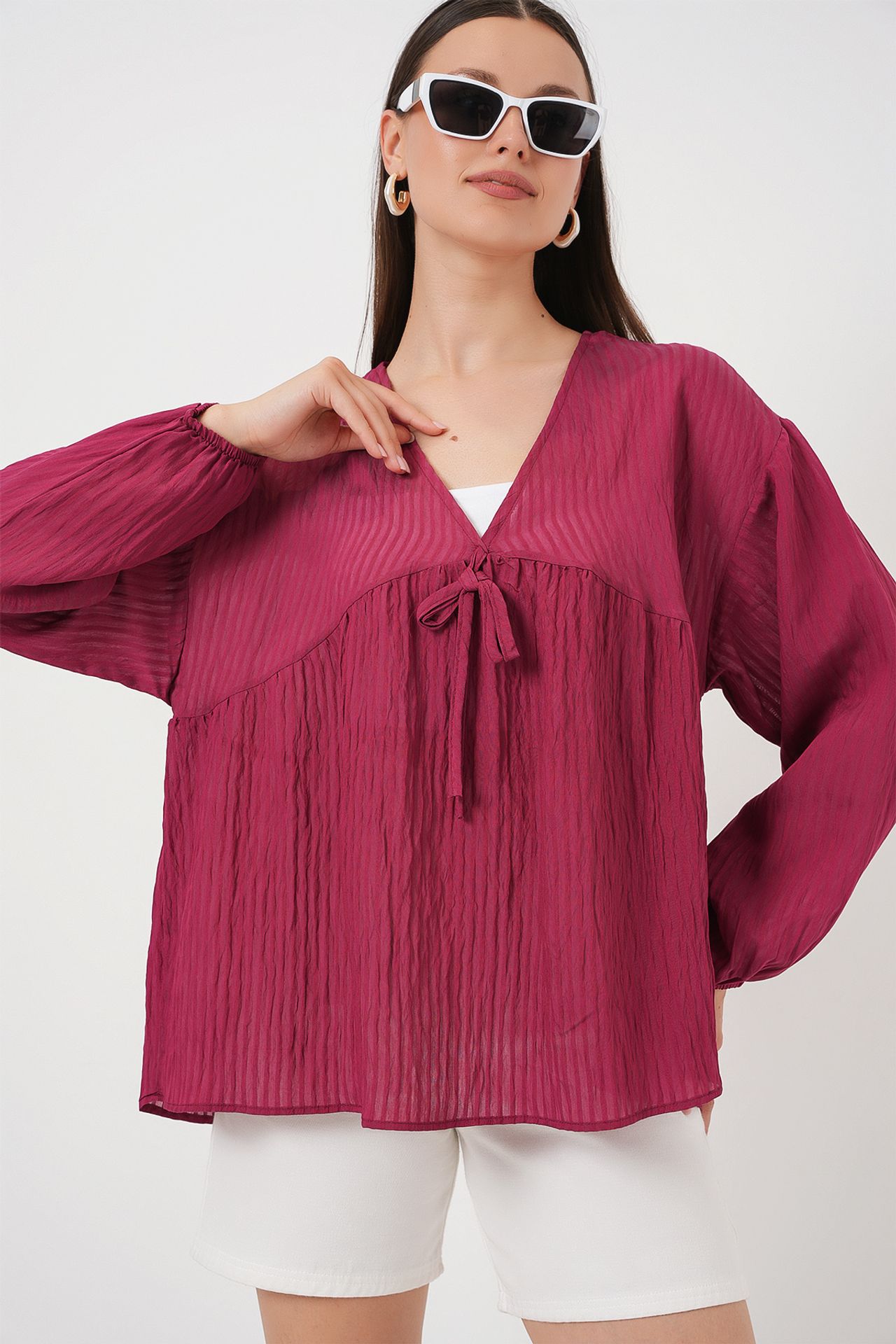 BDART Textured Seersucker V-Neck Blouse with Bow Tie 3