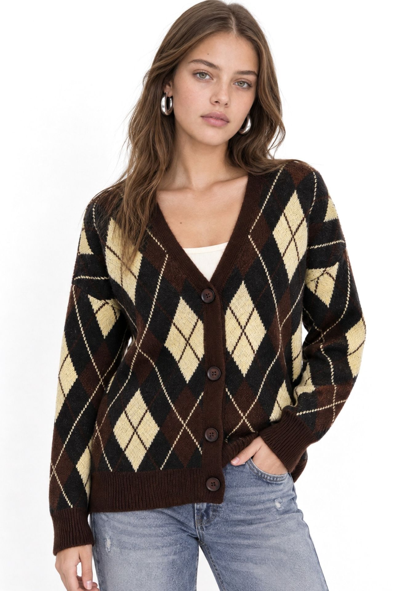 Mixray Oversize Argyle V-Neck Buttoned Cardigan 3