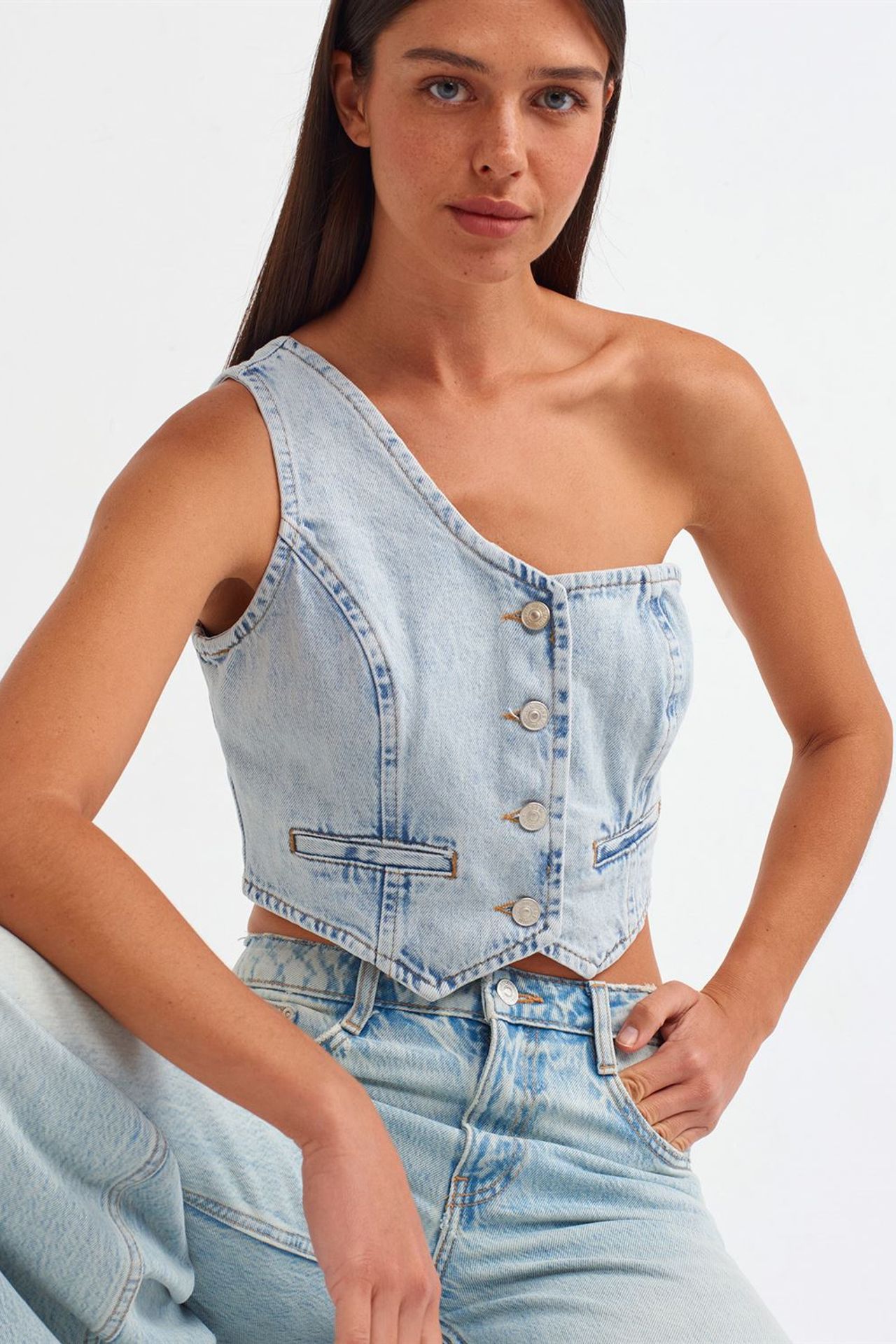 DILVIN Dar Kesim Pamuklu Denim Crop Bluz 1