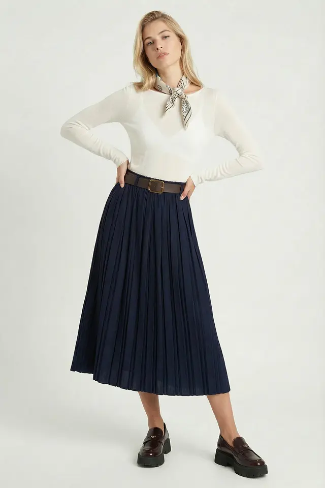 ISTANBUL High-Waist Maxi A-Line Pleated Skirt With Belt