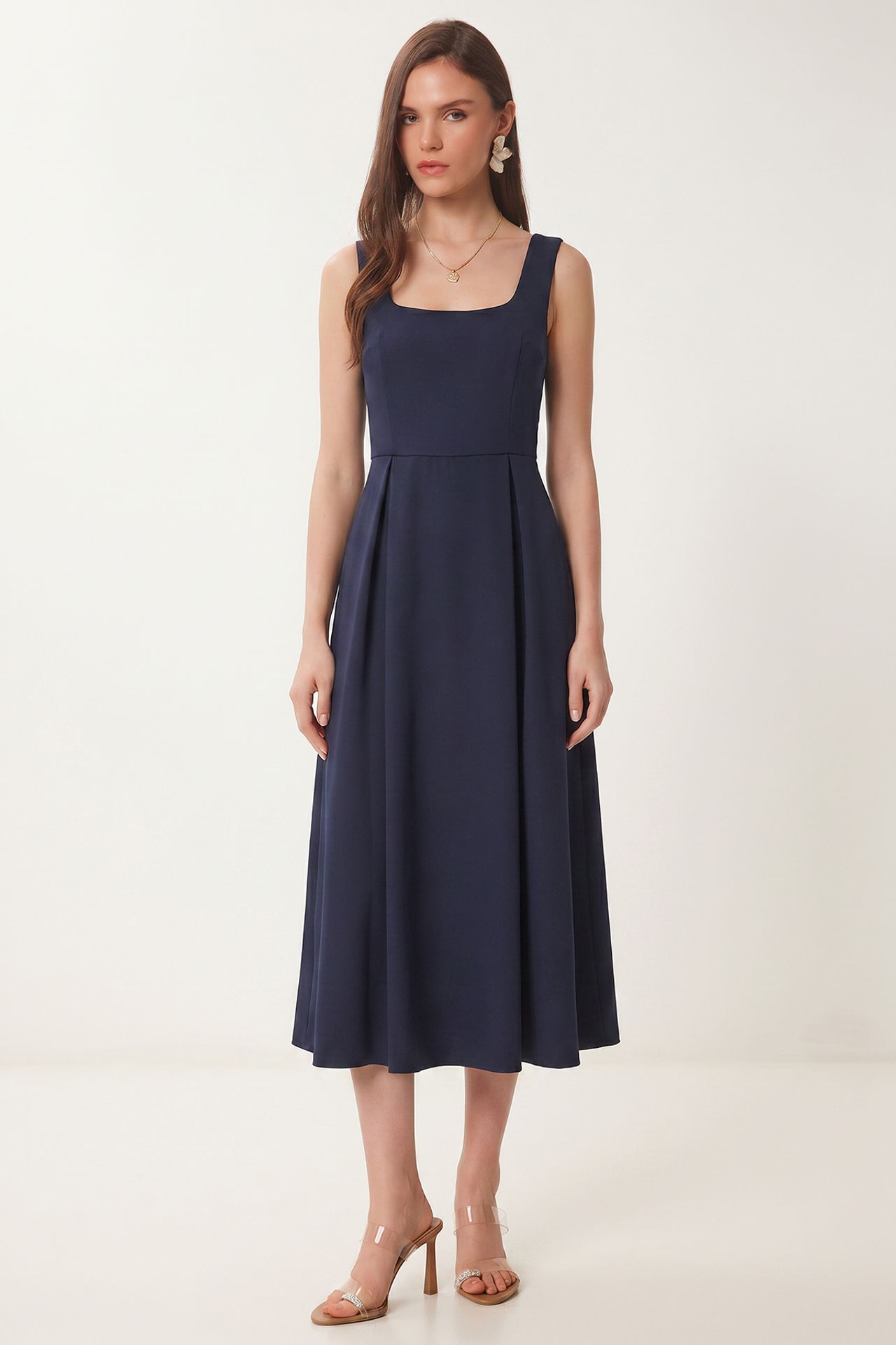 ISTANBUL Square Collar A-Form Midi Dress with Zipper Closure 1