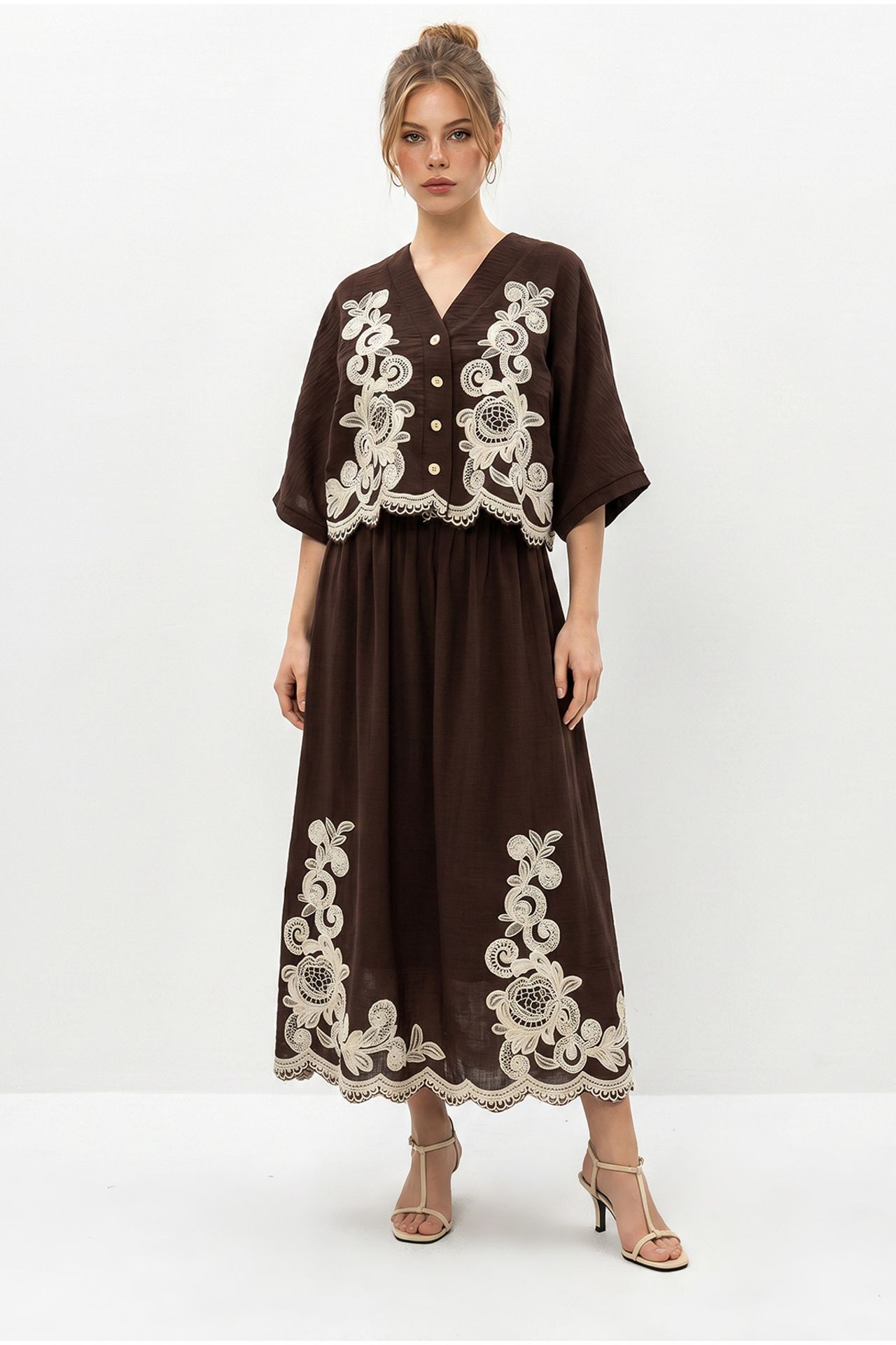 LUCCI Oversized V-neck Embroidered 3/4 Sleeve Shirt and Wide Leg Pants Set 3