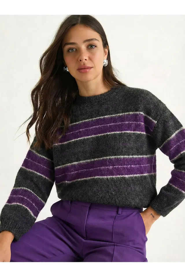 LUCCI Striped Knit Crew Neck Sweater