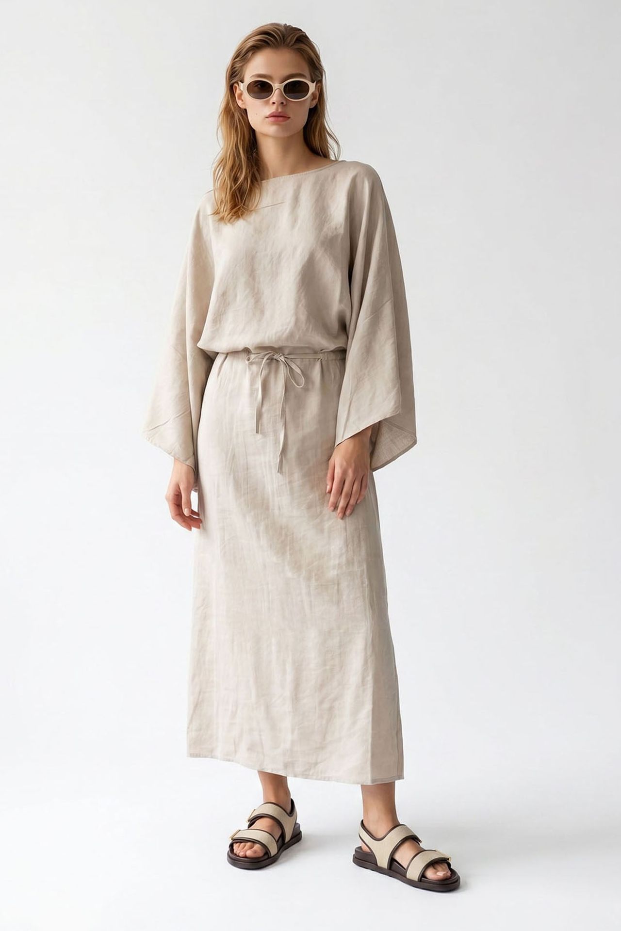 MIXRAY Women's Solid Textured Maxi Dress With Tie Detail 2