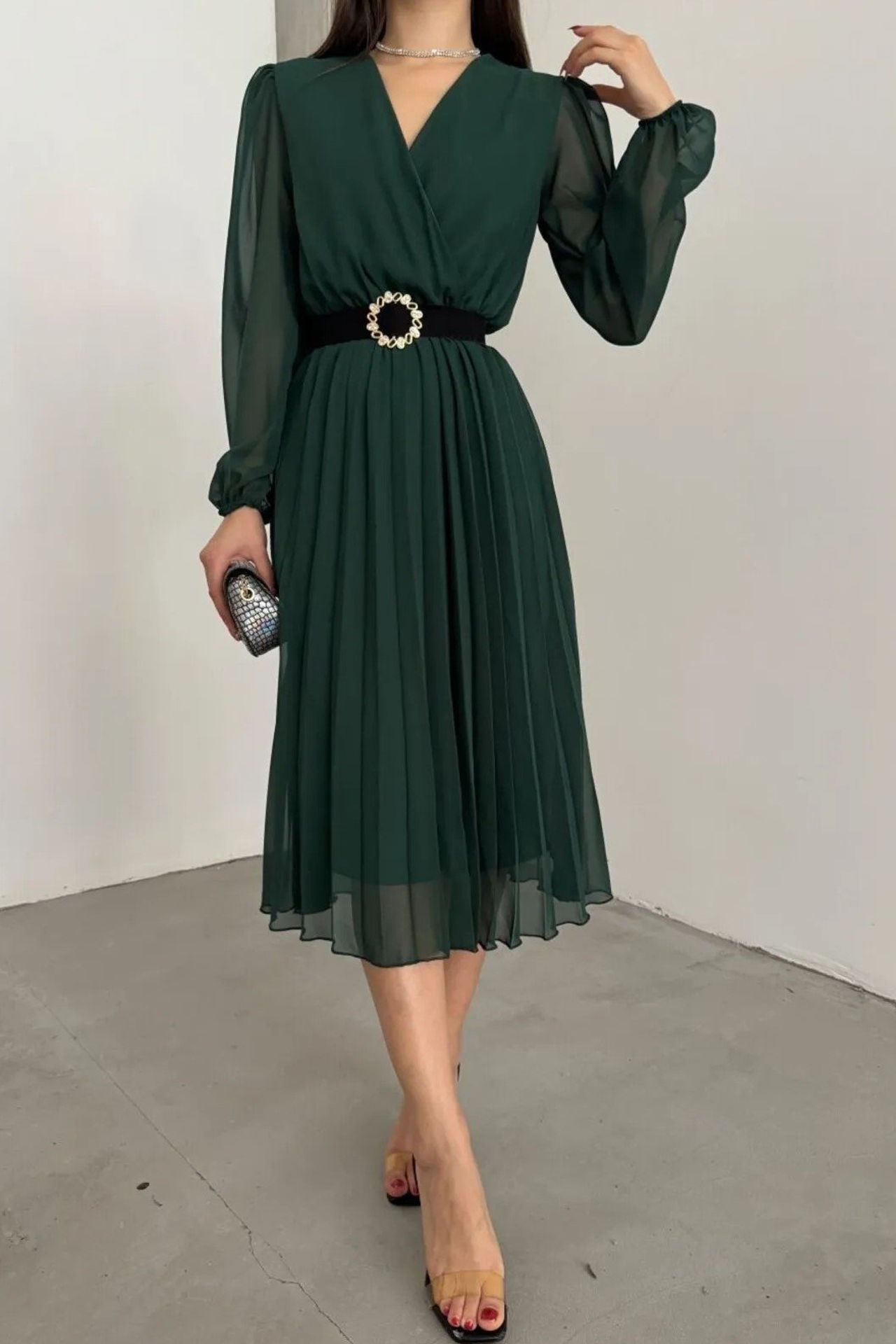 JANES Belted V-Neck Chiffon Midi Dress 2